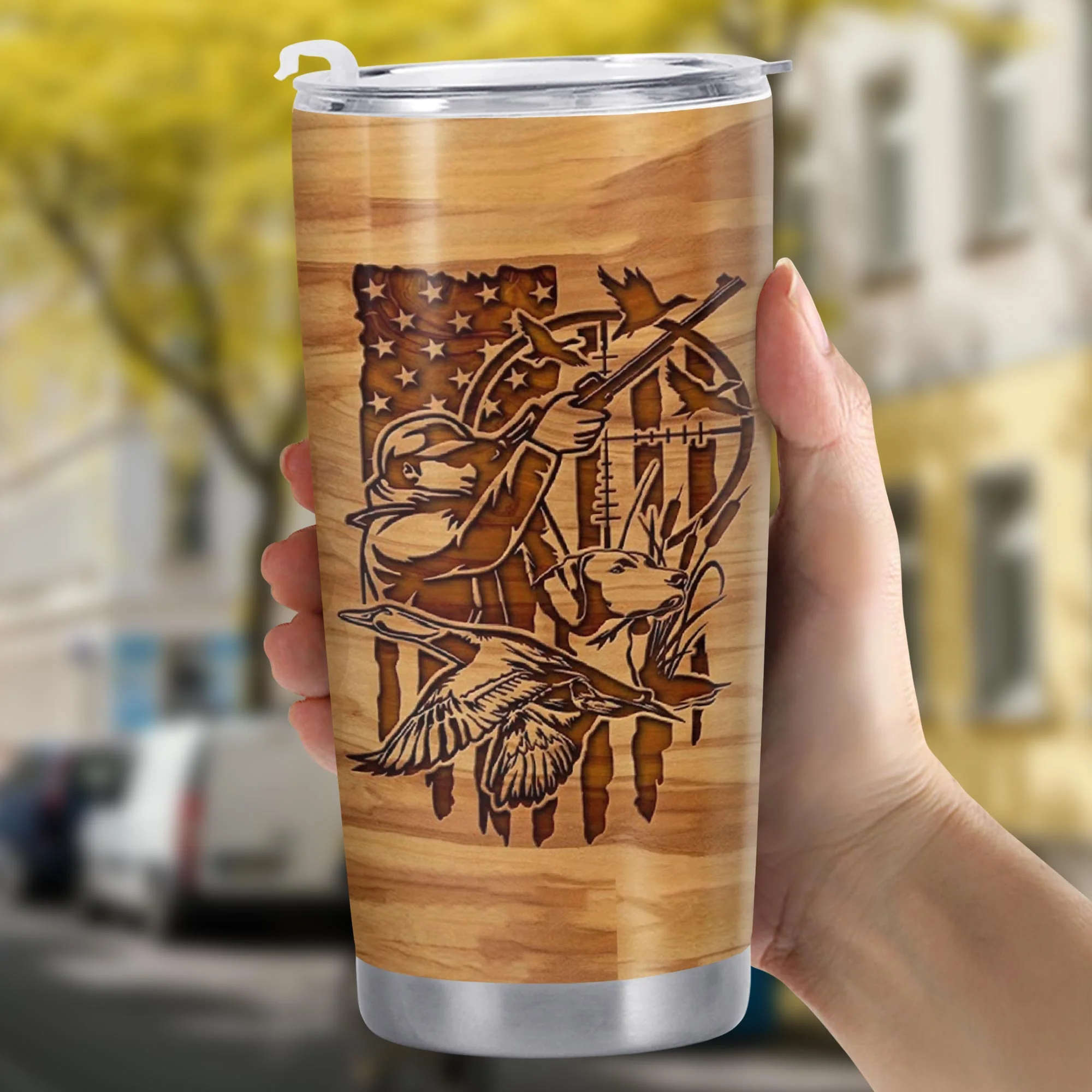 Hunter And His Loyal Dog With American Flag And Ducks Wood Grain Style - Personalized Custom Stainless Steel Tumbler 20oz 30oz - HTG013_TB - Image 10