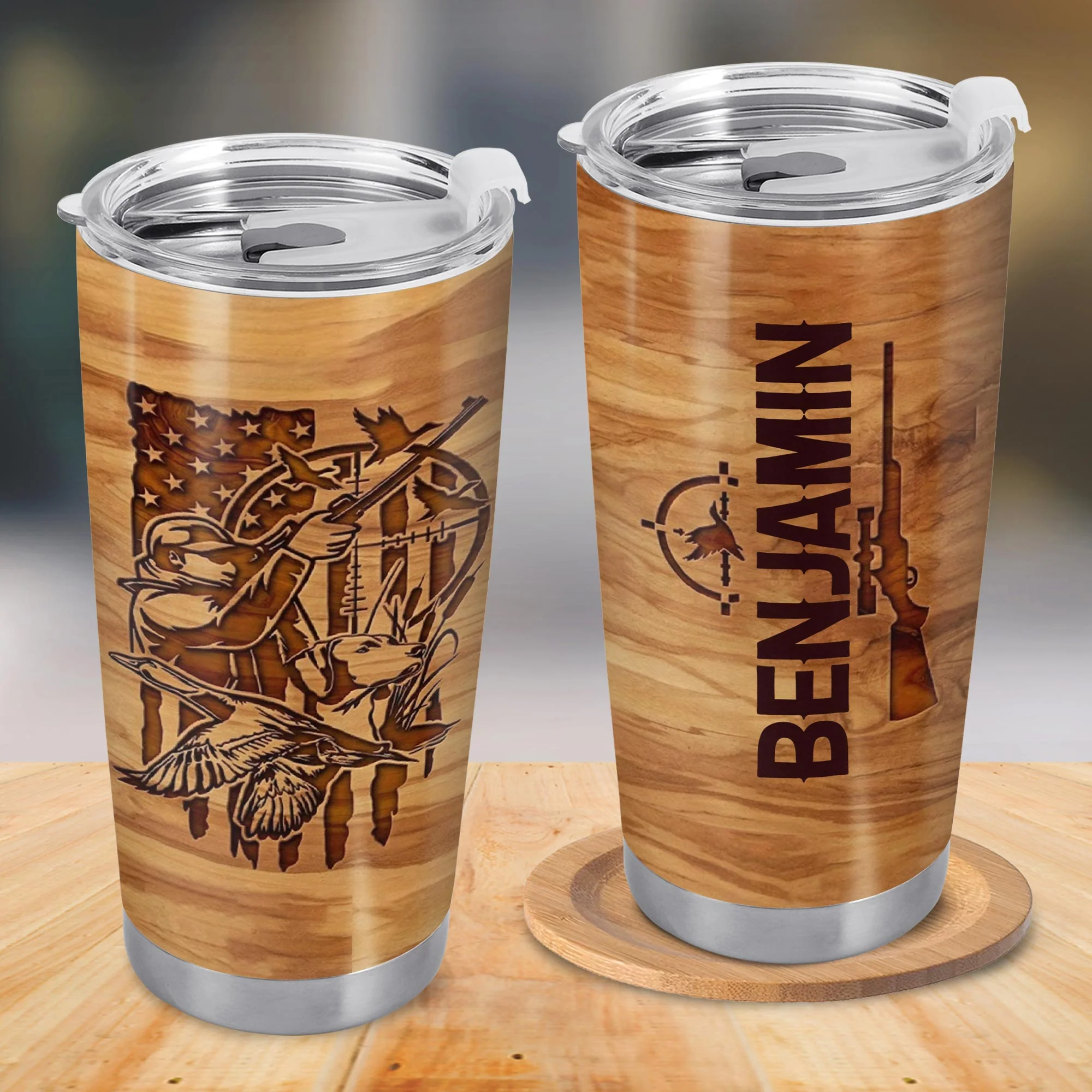 Hunter And His Loyal Dog With American Flag And Ducks Wood Grain Style - Personalized Custom Stainless Steel Tumbler 20oz 30oz - HTG013_TB - Image 12