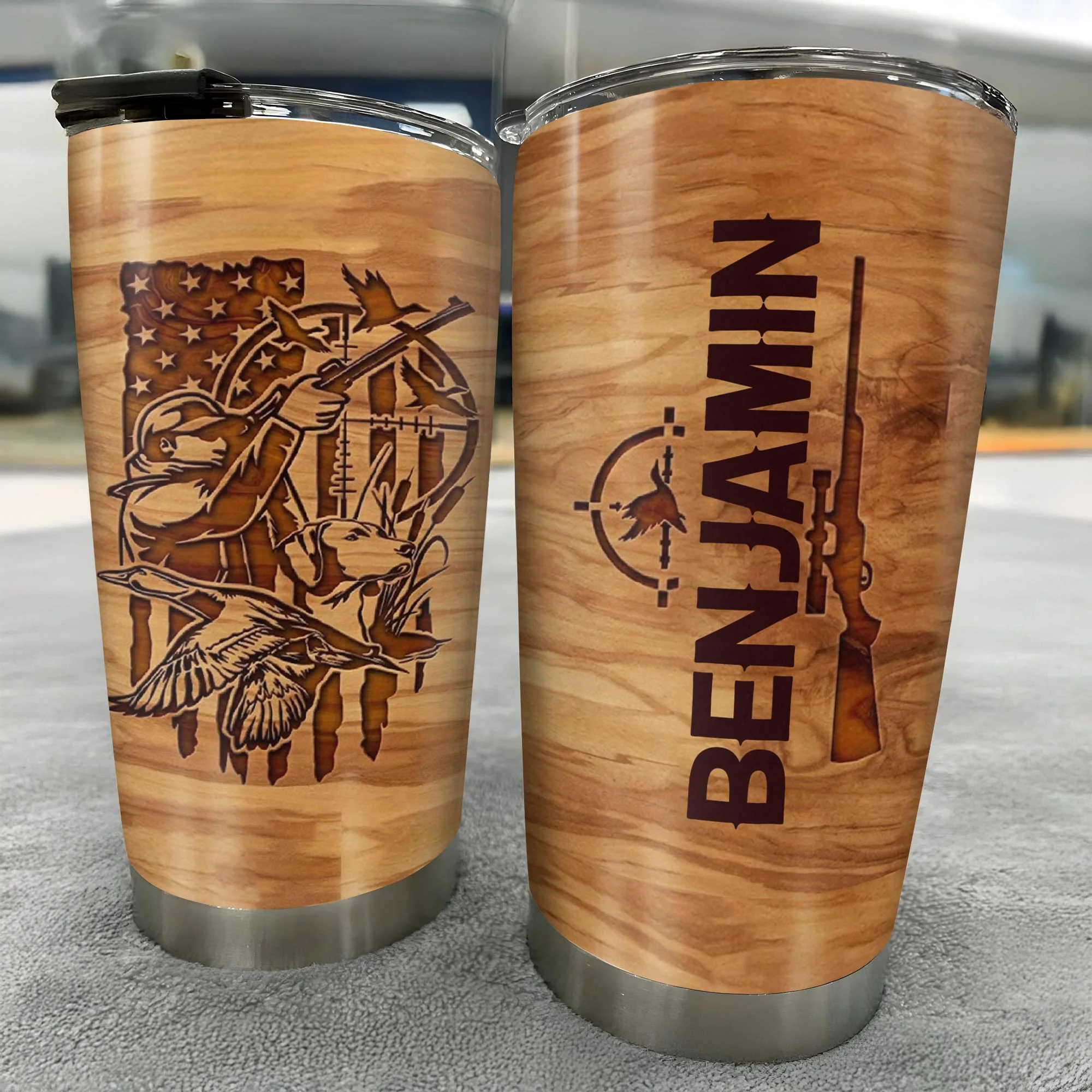 Hunter And His Loyal Dog With American Flag And Ducks Wood Grain Style - Personalized Custom Stainless Steel Tumbler 20oz 30oz - HTG013_TB - Image 14