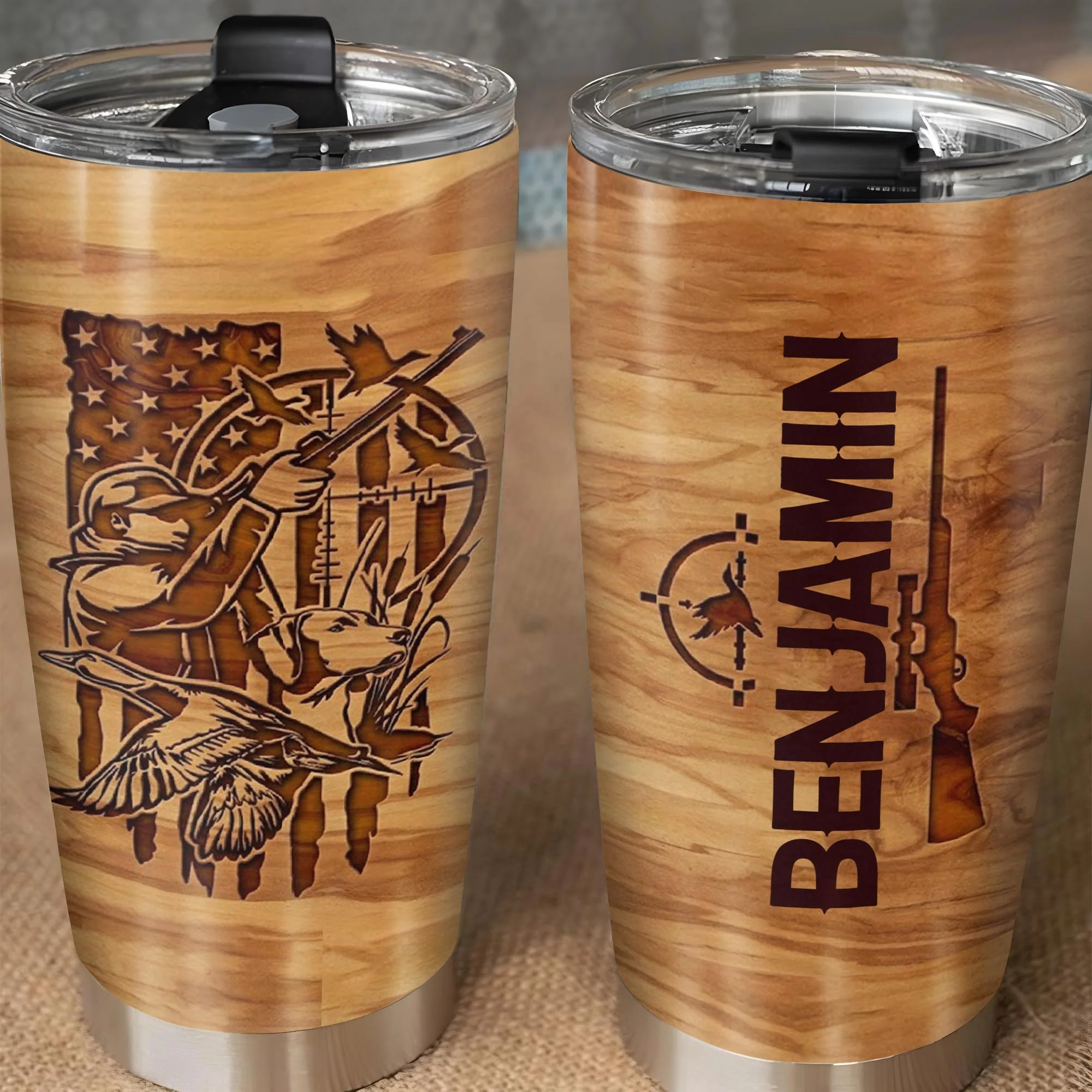 Hunter And His Loyal Dog With American Flag And Ducks Wood Grain Style - Personalized Custom Stainless Steel Tumbler 20oz 30oz - HTG013_TB - Image 15