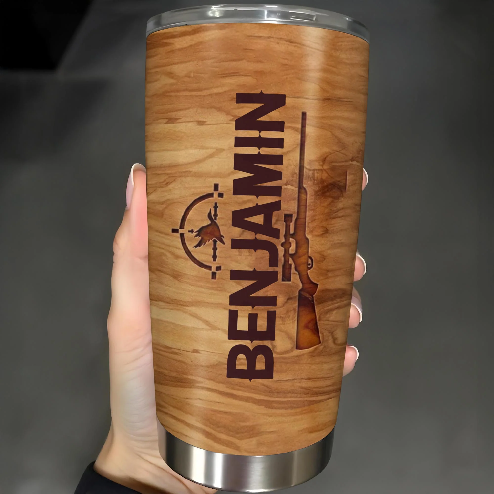 Hunter And His Loyal Dog With American Flag And Ducks Wood Grain Style - Personalized Custom Stainless Steel Tumbler 20oz 30oz - HTG013_TB - Image 2