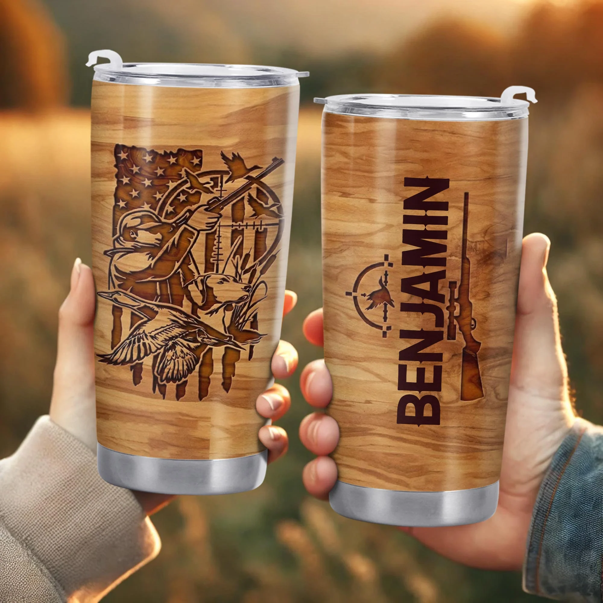 Hunter And His Loyal Dog With American Flag And Ducks Wood Grain Style - Personalized Custom Stainless Steel Tumbler 20oz 30oz - HTG013_TB - Image 3