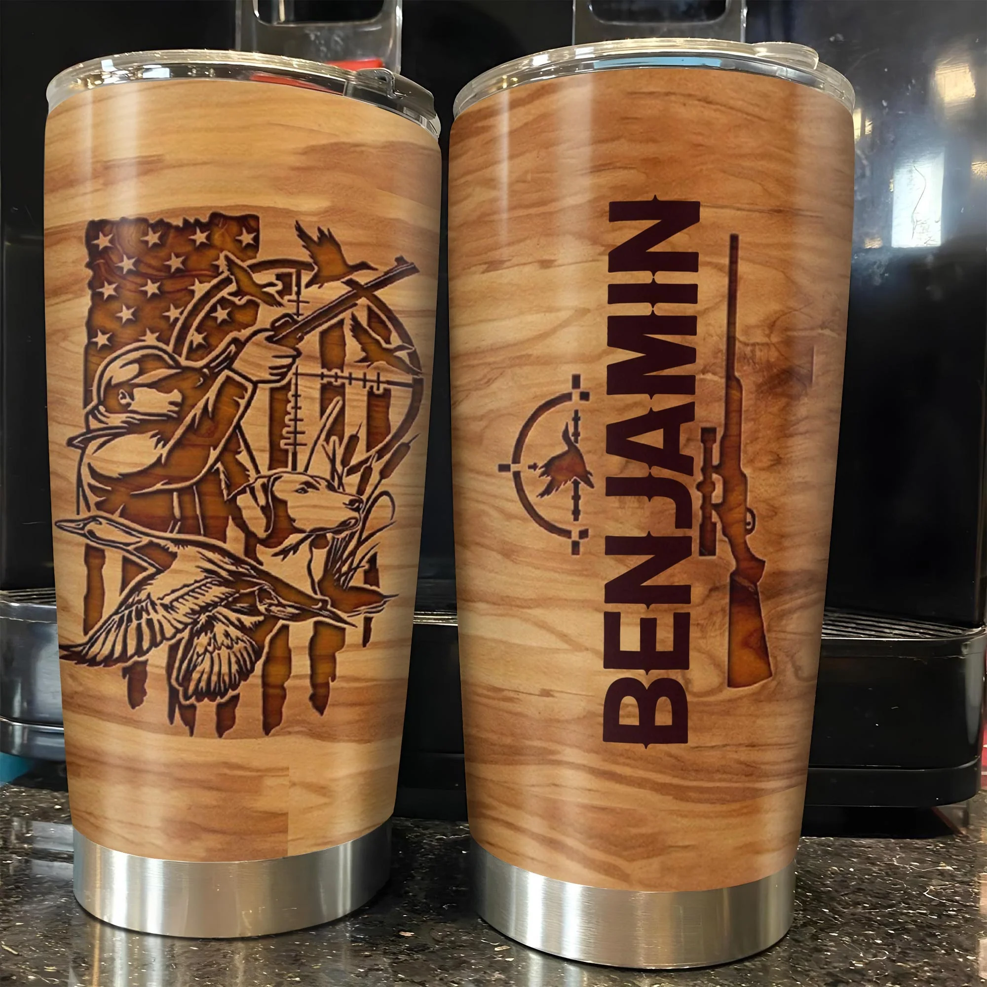 Hunter And His Loyal Dog With American Flag And Ducks Wood Grain Style - Personalized Custom Stainless Steel Tumbler 20oz 30oz - HTG013_TB - Image 4