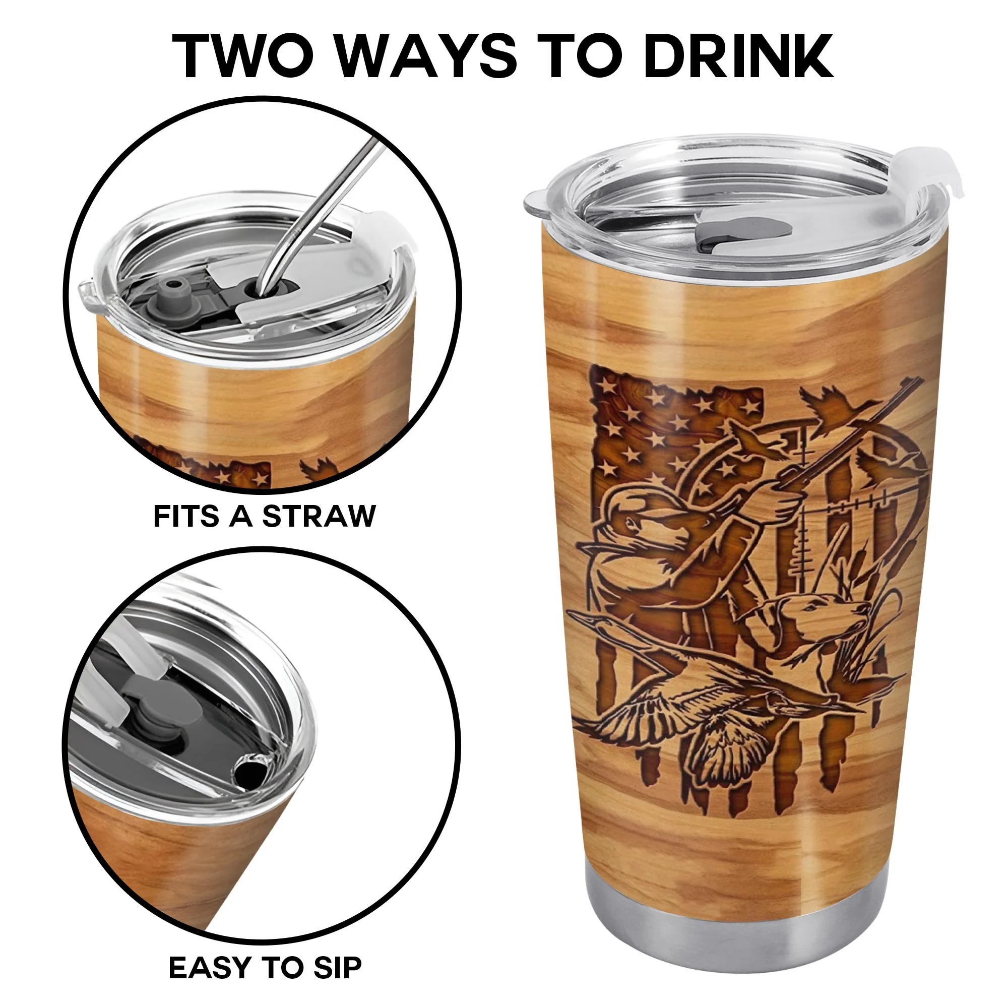 Hunter And His Loyal Dog With American Flag And Ducks Wood Grain Style - Personalized Custom Stainless Steel Tumbler 20oz 30oz - HTG013_TB - Image 6