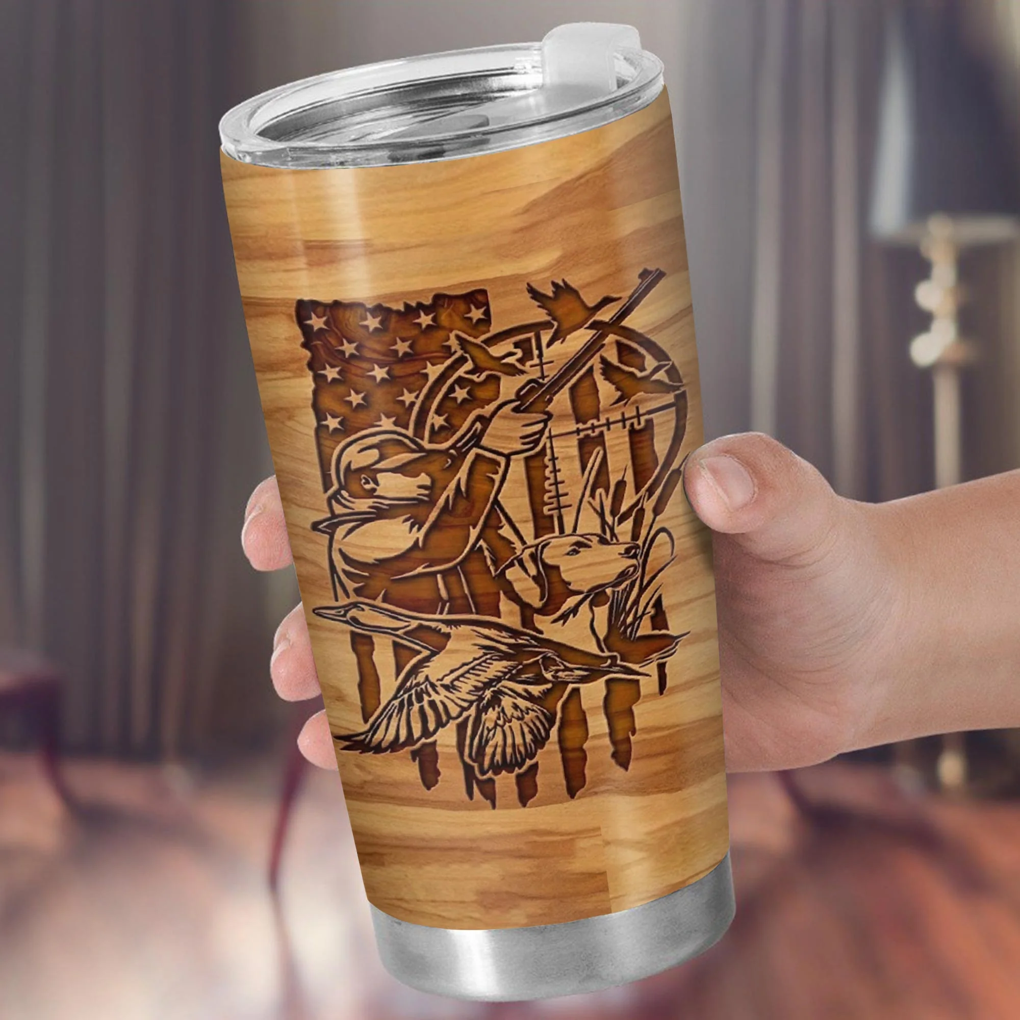 Hunter And His Loyal Dog With American Flag And Ducks Wood Grain Style - Personalized Custom Stainless Steel Tumbler 20oz 30oz - HTG013_TB - Image 9
