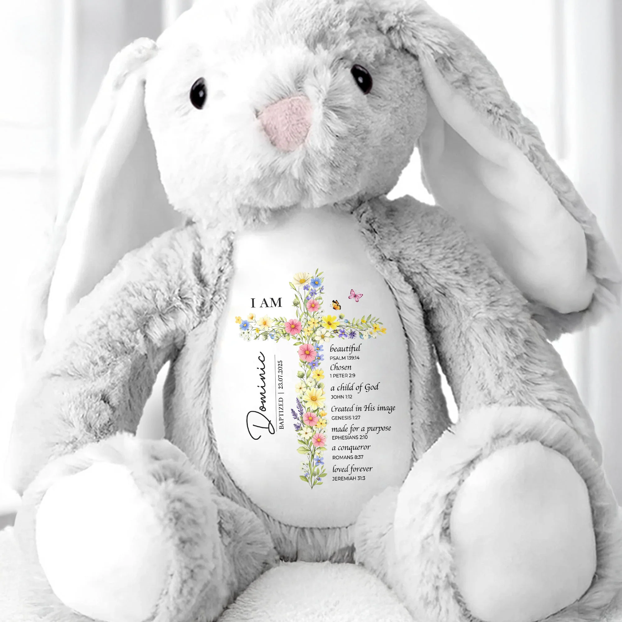 I AM Beautiful Chosen A Child Of God Floral Cross Religious - Personalized Stuffed Bunny - KID534_BUN - Image 6