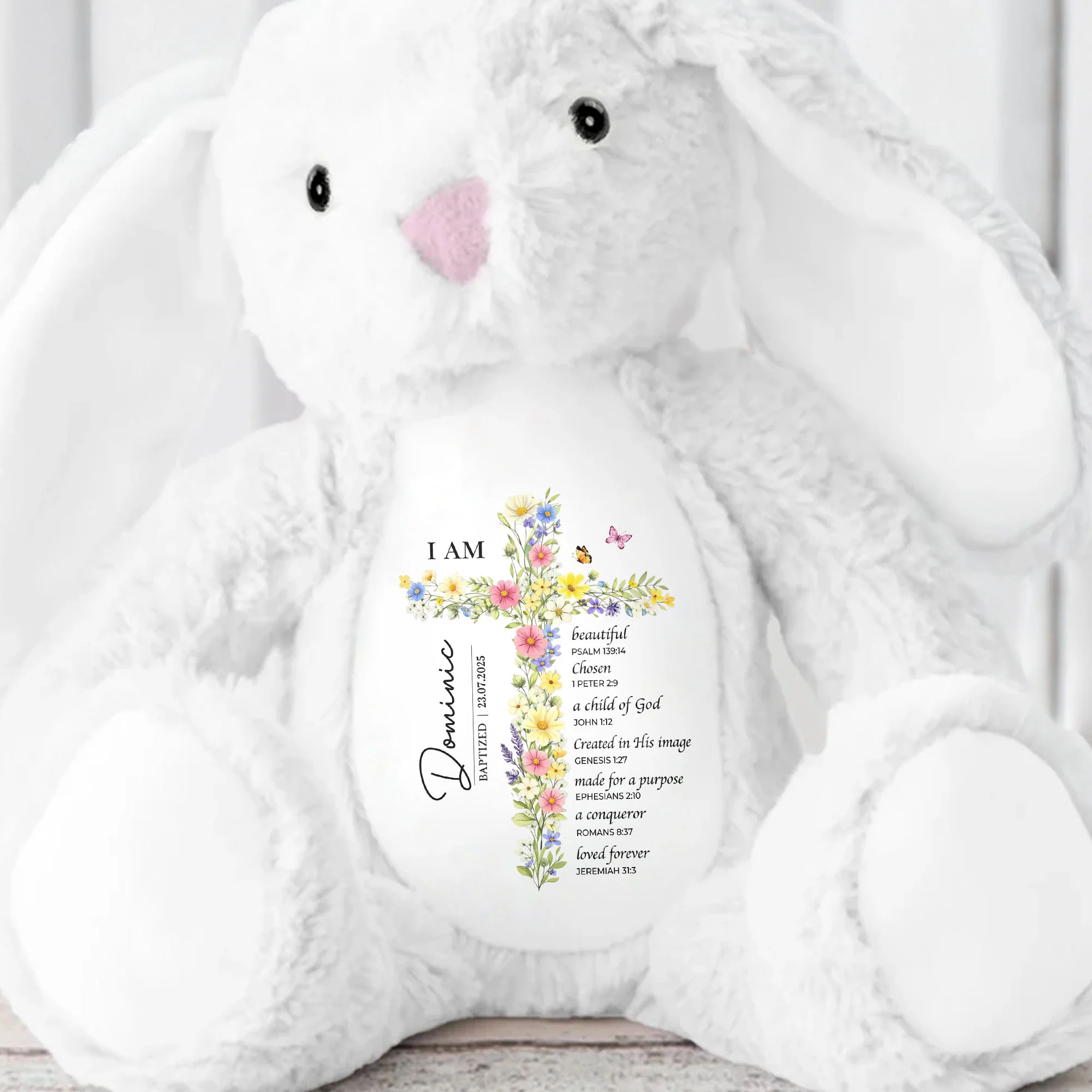 I AM Beautiful Chosen A Child Of God Floral Cross Religious - Personalized Stuffed Bunny - KID534_BUN - Image 7