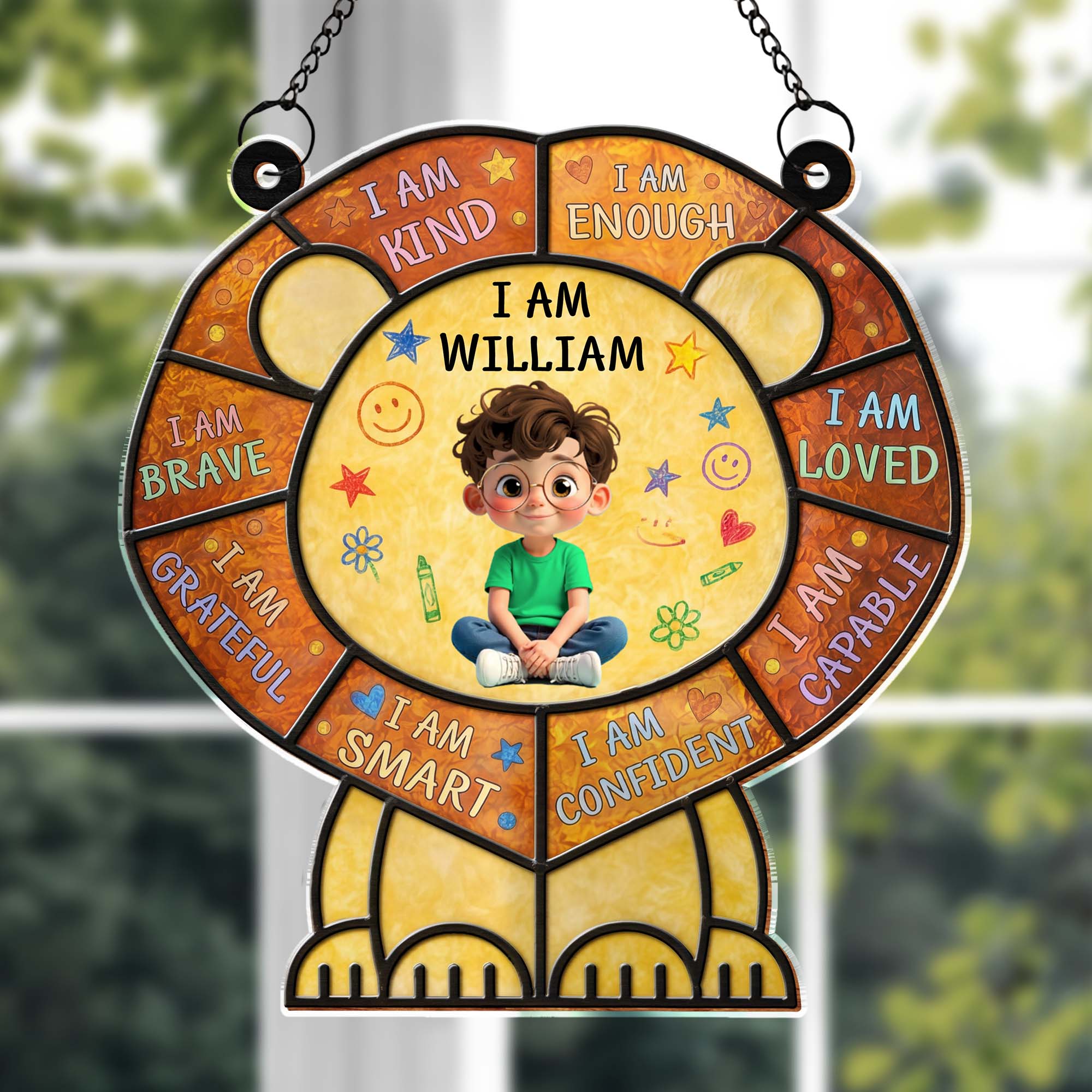 I Am Kind And Brave Affirmation Lion With Little Boy Design - Personalized Custom Suncatcher - KID586_CSUN
