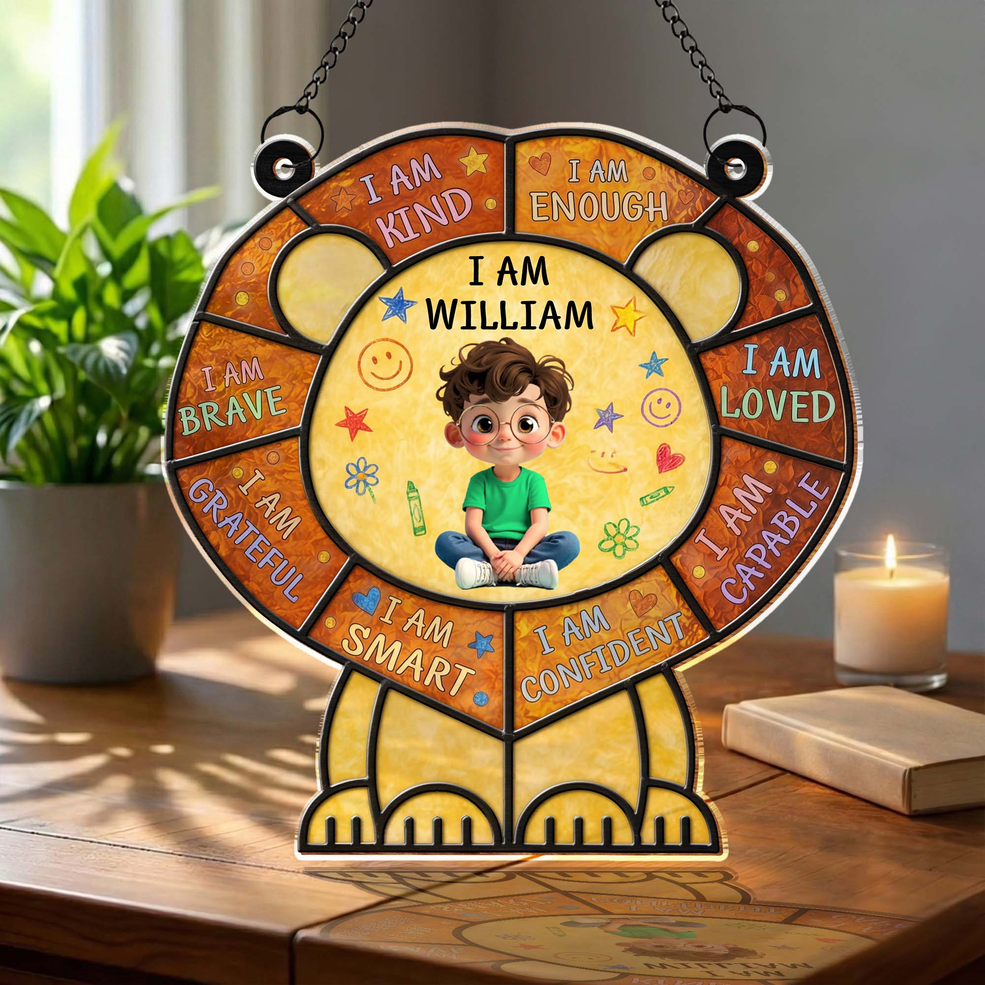 I Am Kind And Brave Affirmation Lion With Little Boy Design - Personalized Custom Suncatcher - KID586_CSUN - Image 2