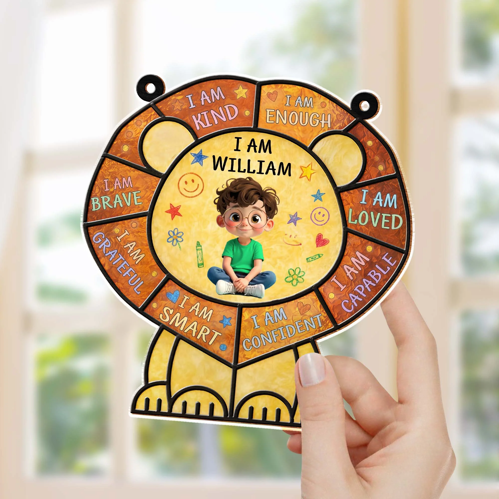 I Am Kind And Brave Affirmation Lion With Little Boy Design - Personalized Custom Suncatcher - KID586_CSUN - Image 3