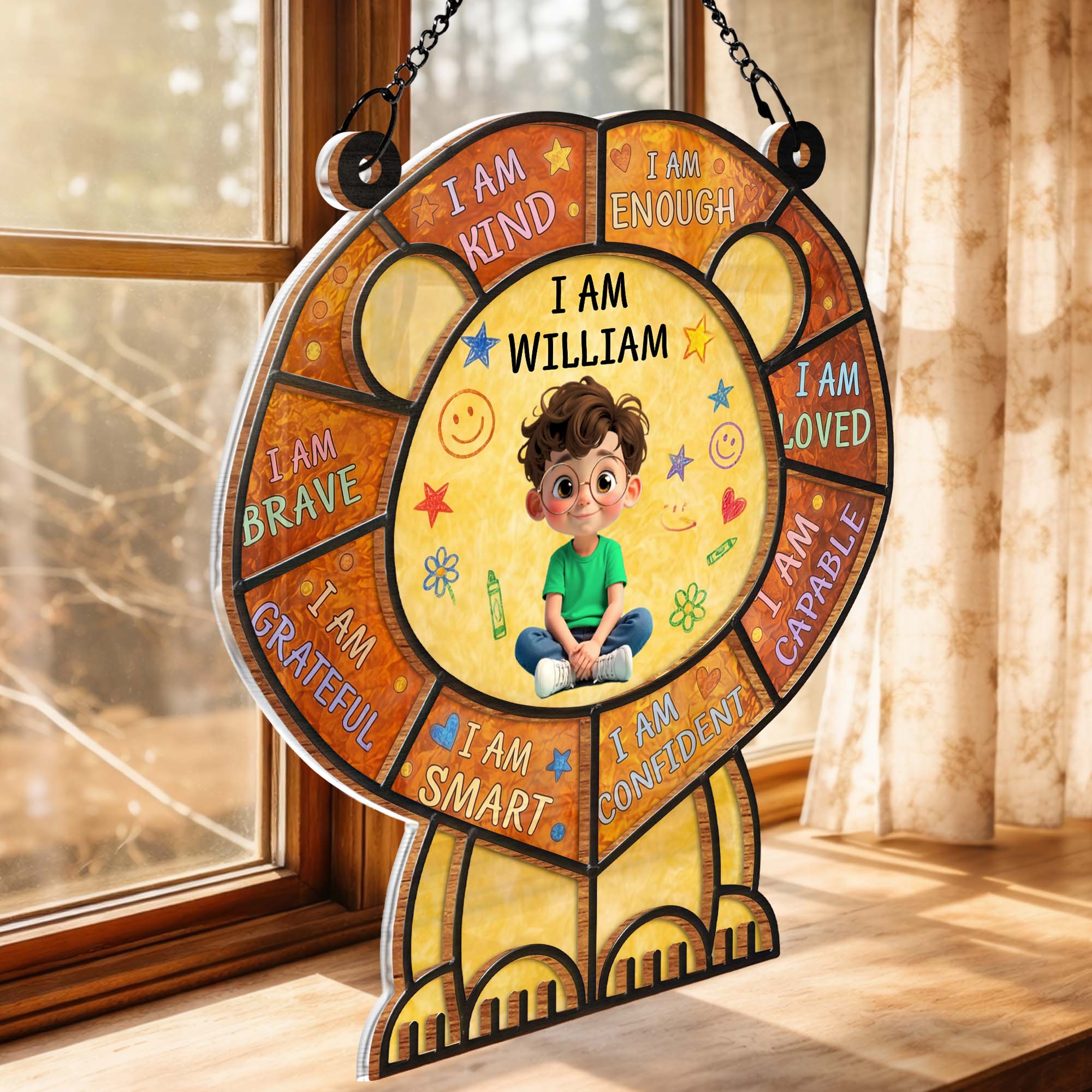 I Am Kind And Brave Affirmation Lion With Little Boy Design - Personalized Custom Suncatcher - KID586_CSUN - Image 4