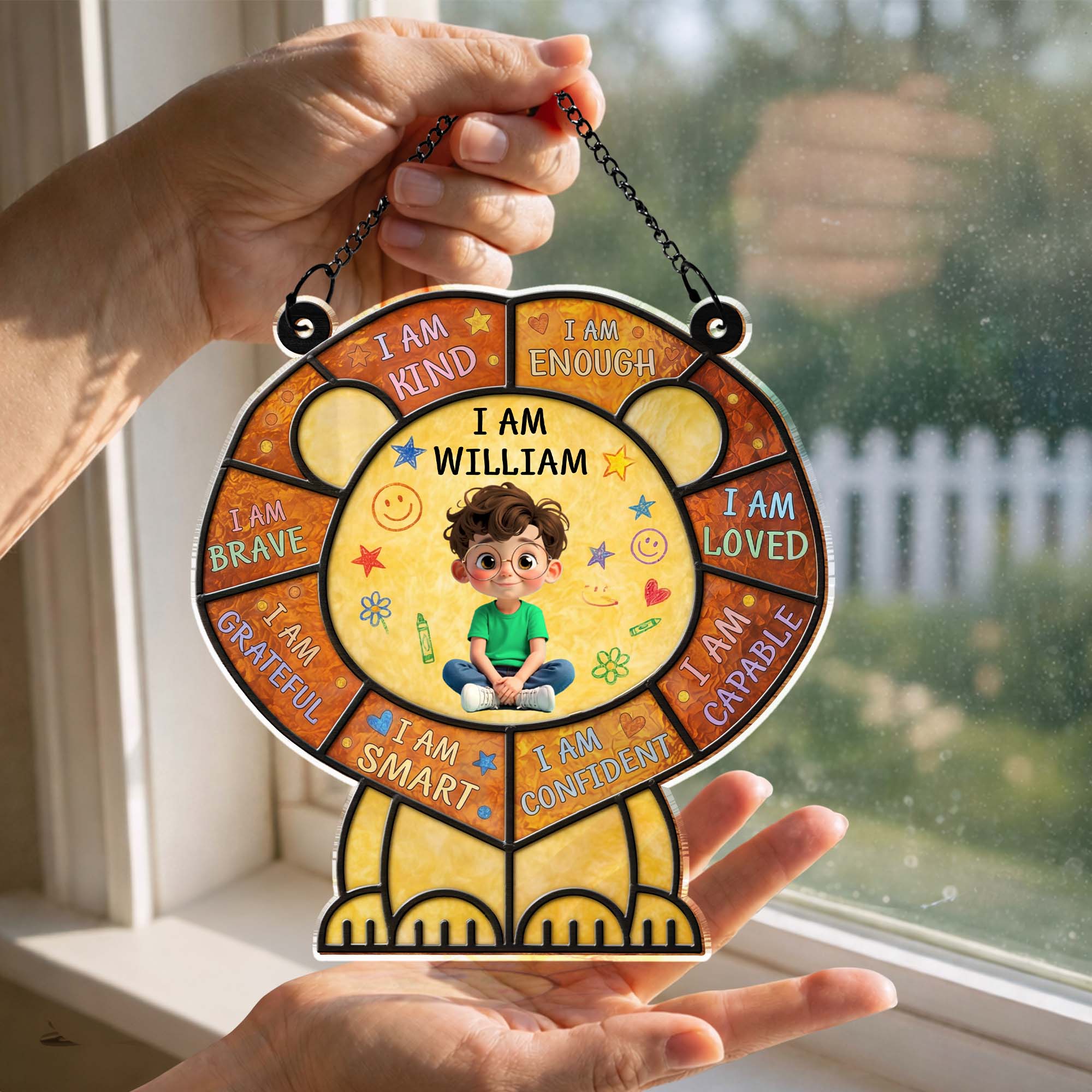 I Am Kind And Brave Affirmation Lion With Little Boy Design - Personalized Custom Suncatcher - KID586_CSUN - Image 8