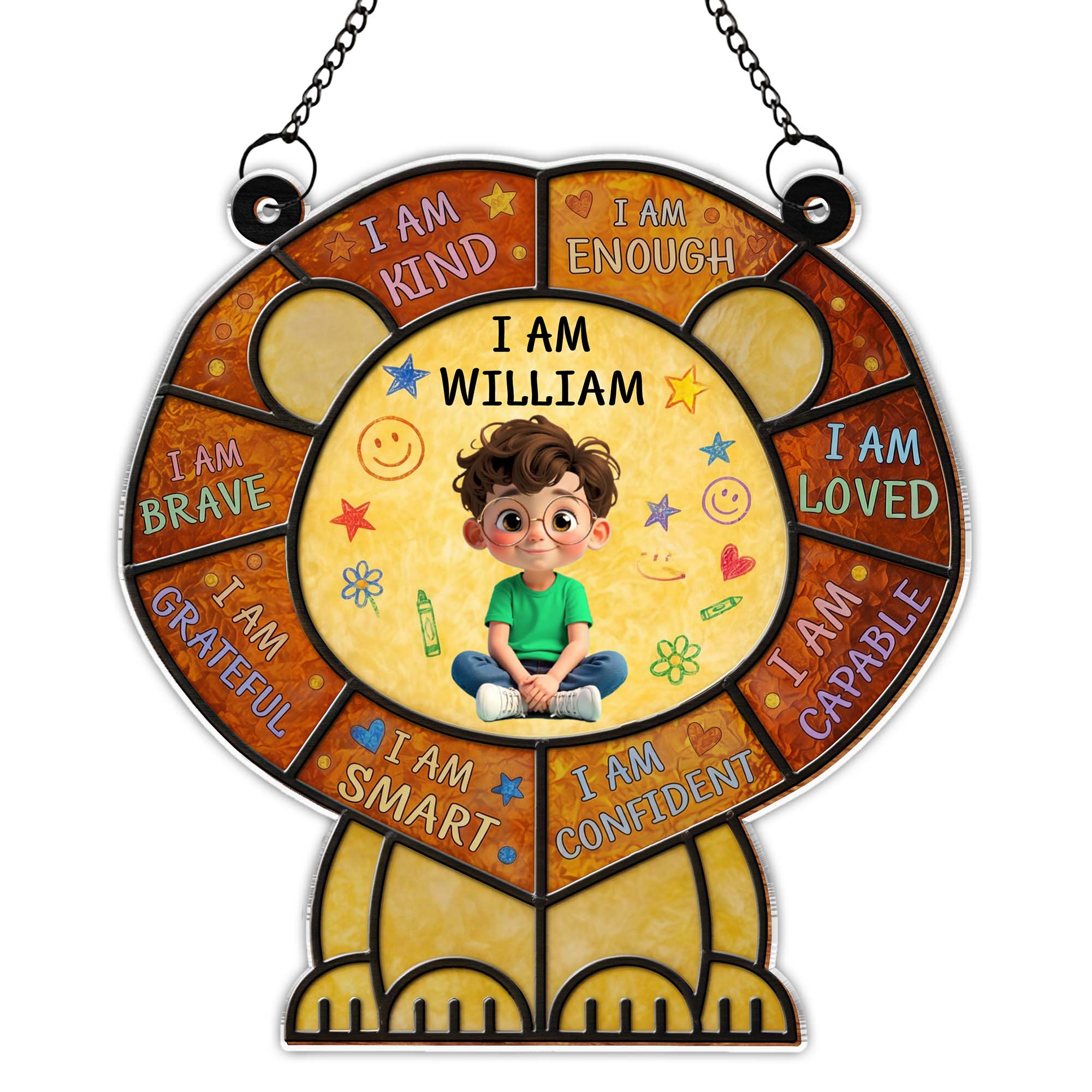 I Am Kind And Brave Affirmation Lion With Little Boy Design - Personalized Custom Suncatcher - KID586_CSUN - Image 9