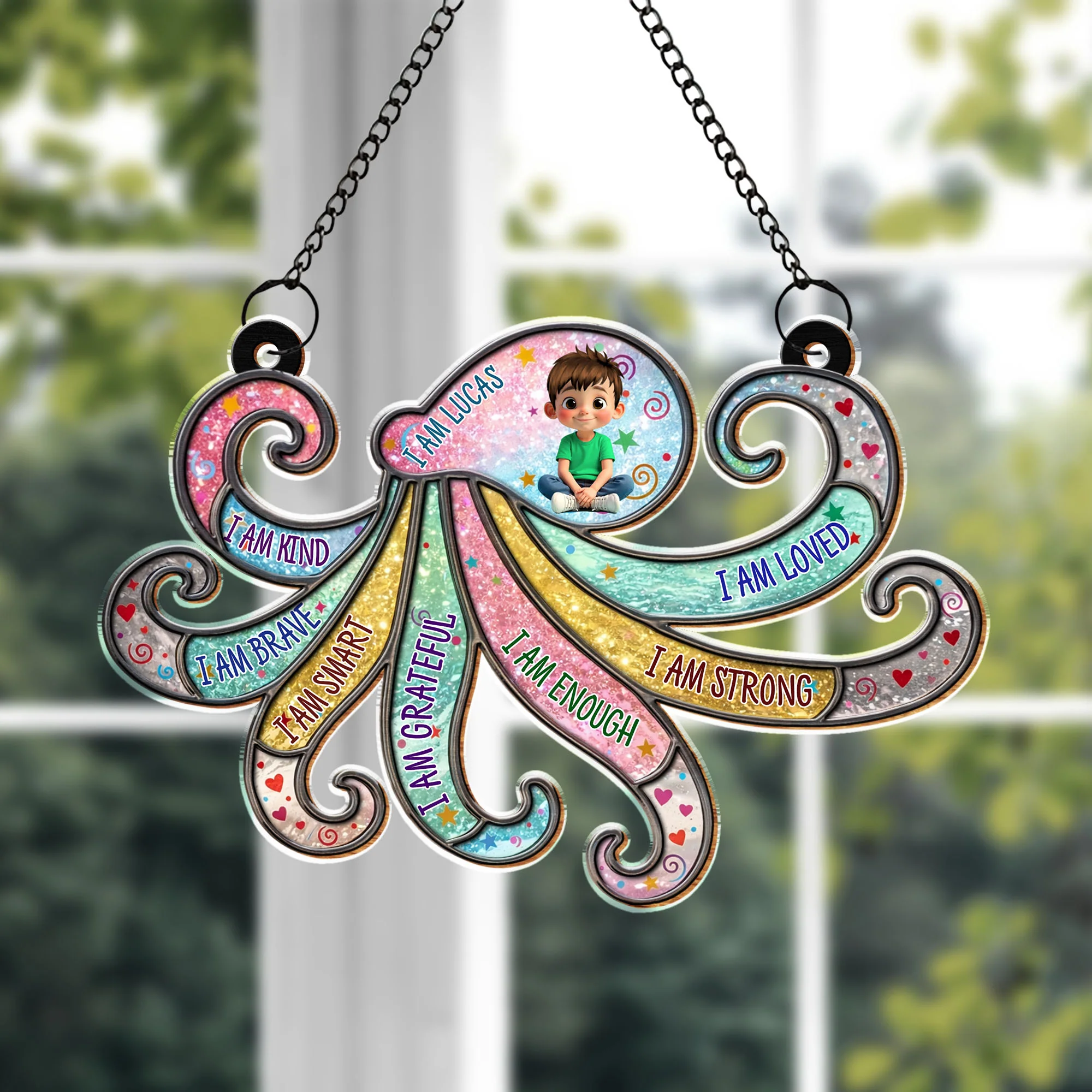 I Am Kind Brave Smart Grateful Affirmations Personalized Girl And Swirls - Personalized Custom Suncatcher - KID590_CSUN - Image 3
