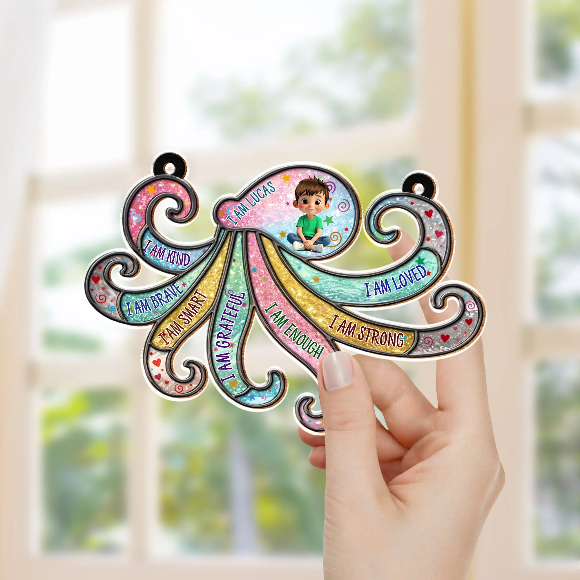 I Am Kind Brave Smart Grateful Affirmations Personalized Girl And Swirls - Personalized Custom Suncatcher - KID590_CSUN - Image 4