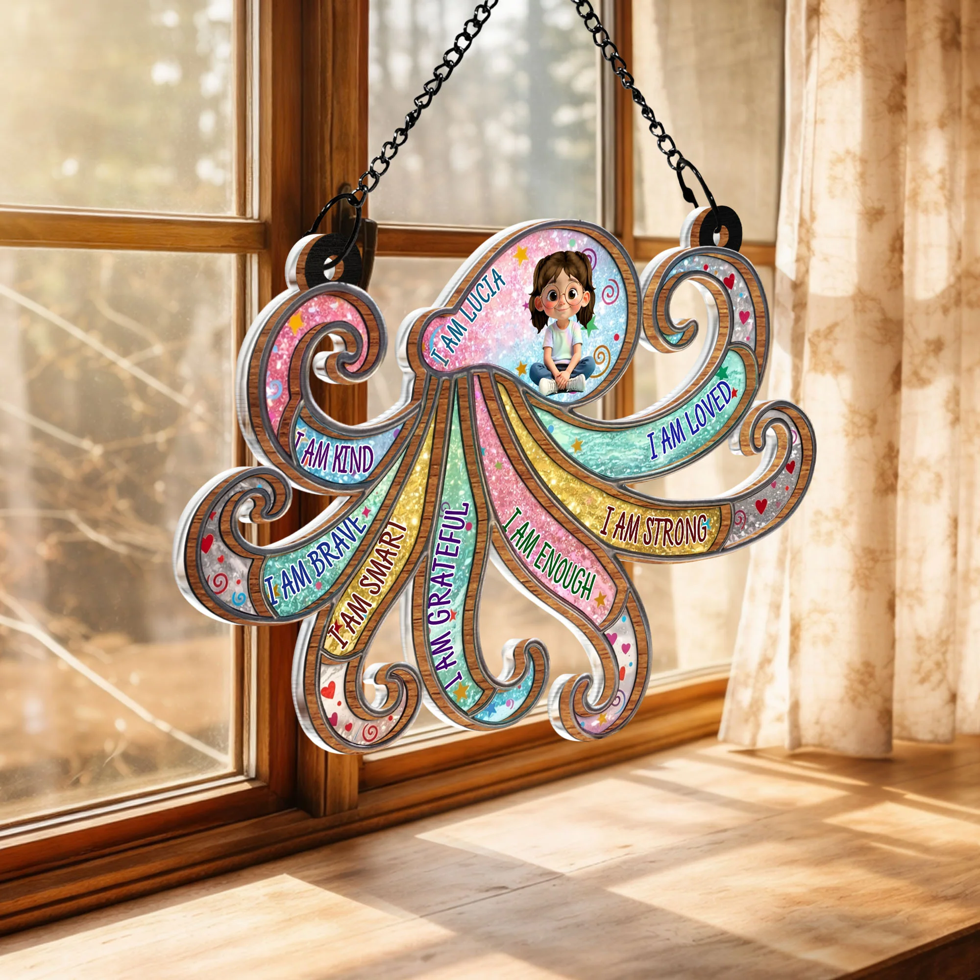 I Am Kind Brave Smart Grateful Affirmations Personalized Girl And Swirls - Personalized Custom Suncatcher - KID590_CSUN - Image 8
