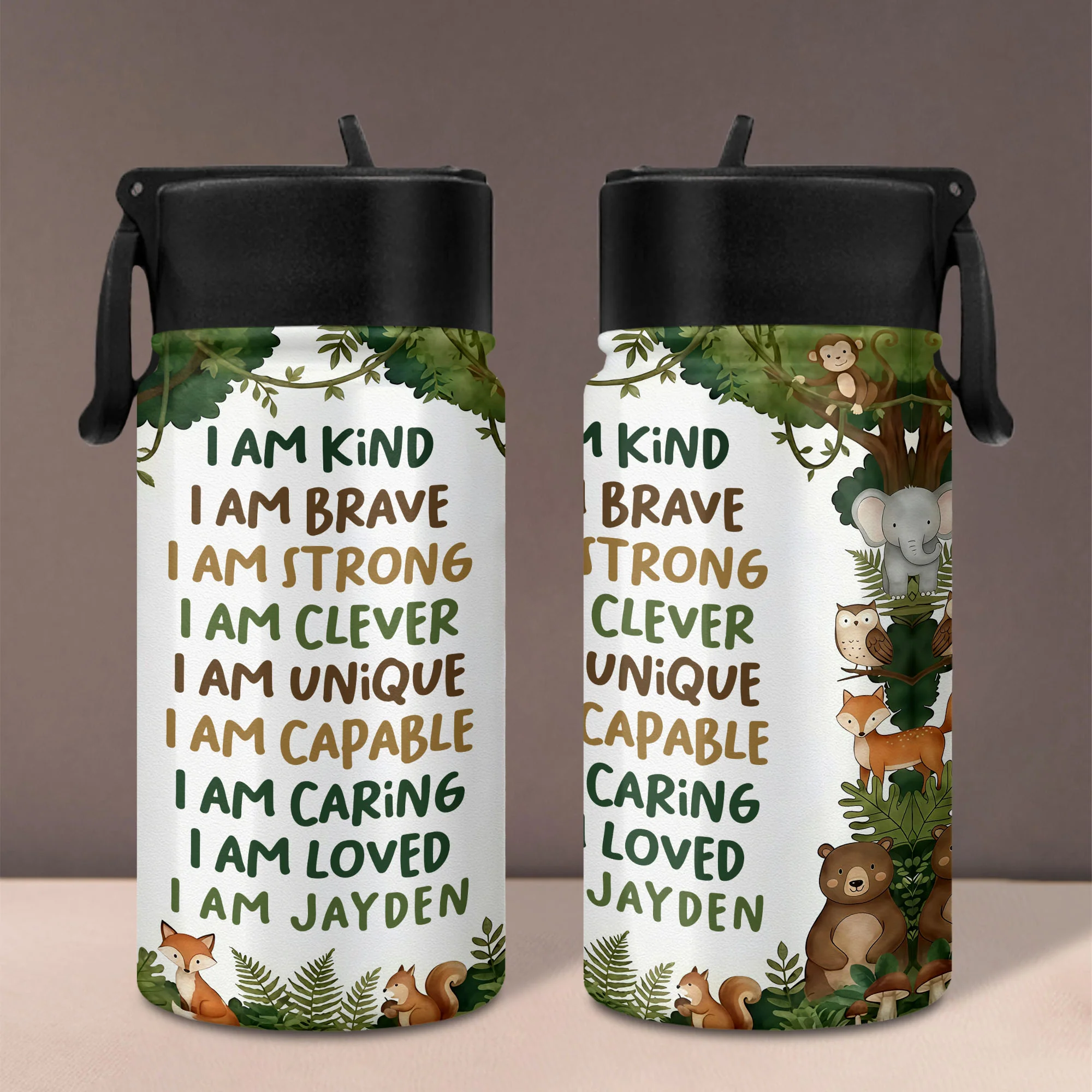 I Am Kind Brave Strong Affirmations With Jungle Animals - Personalized Kids Water Bottle With Straw Lid - KID494_KIBS - Image 6
