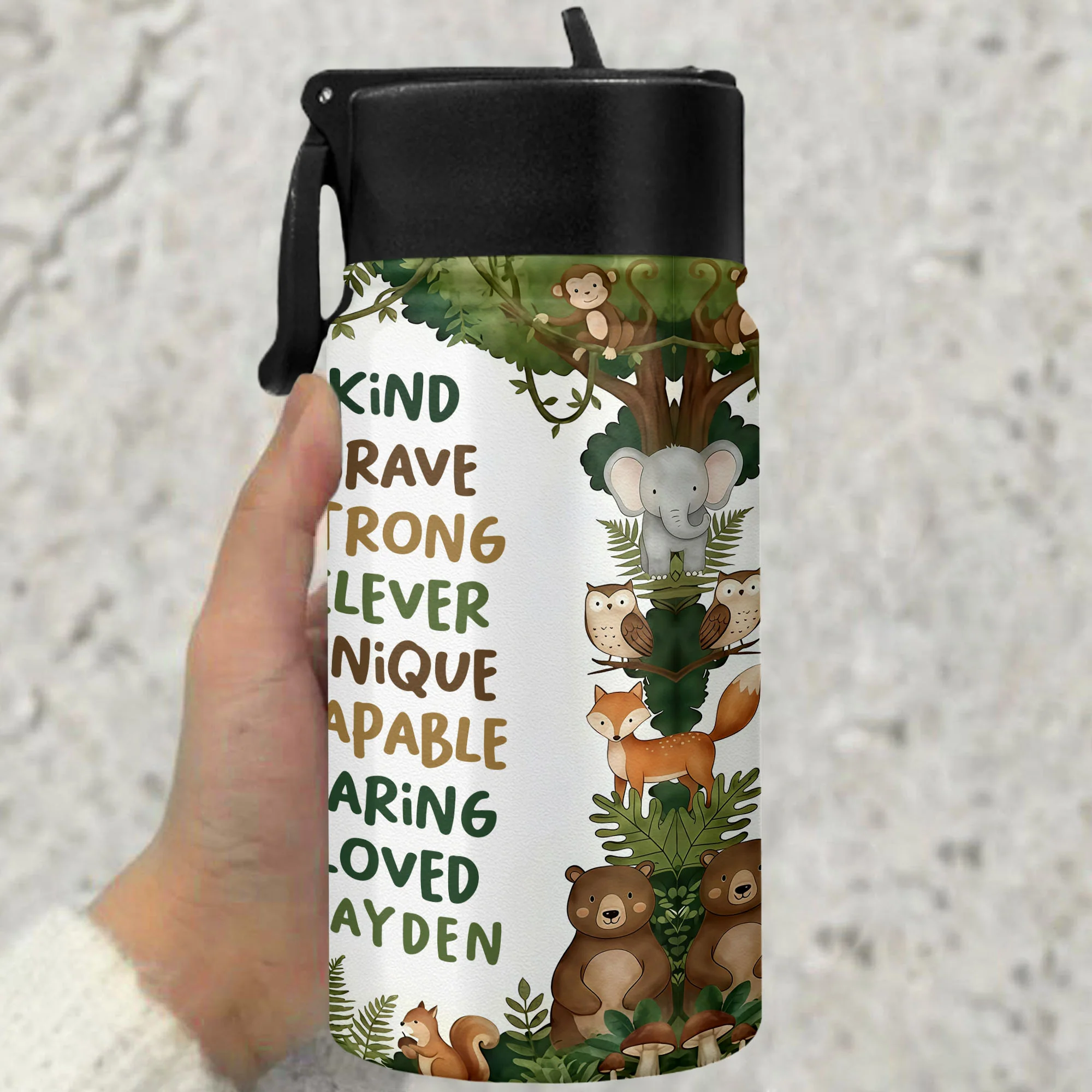 I Am Kind Brave Strong Affirmations With Jungle Animals - Personalized Kids Water Bottle With Straw Lid - KID494_KIBS - Image 7