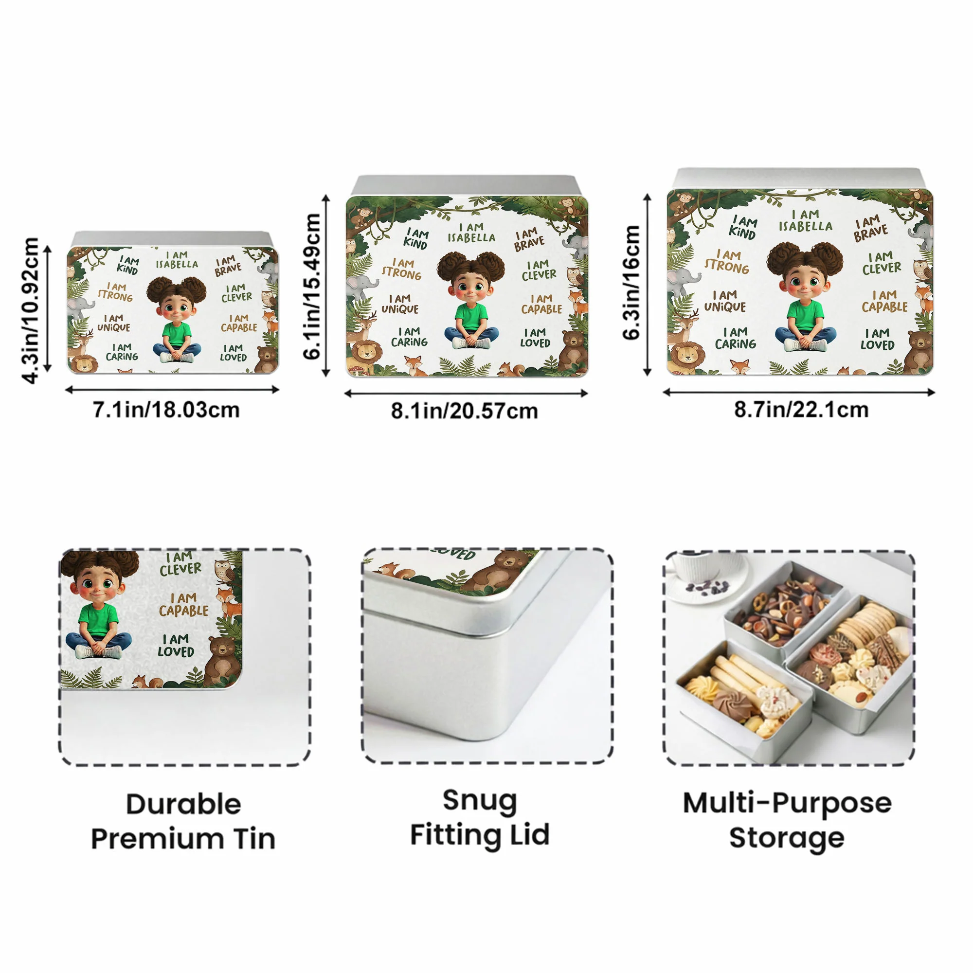 I Am Kind Strong And Loved Affirmations With Jungle Animals - Personalized Cookie Tin Box - KID495_CTBOX - Image 7