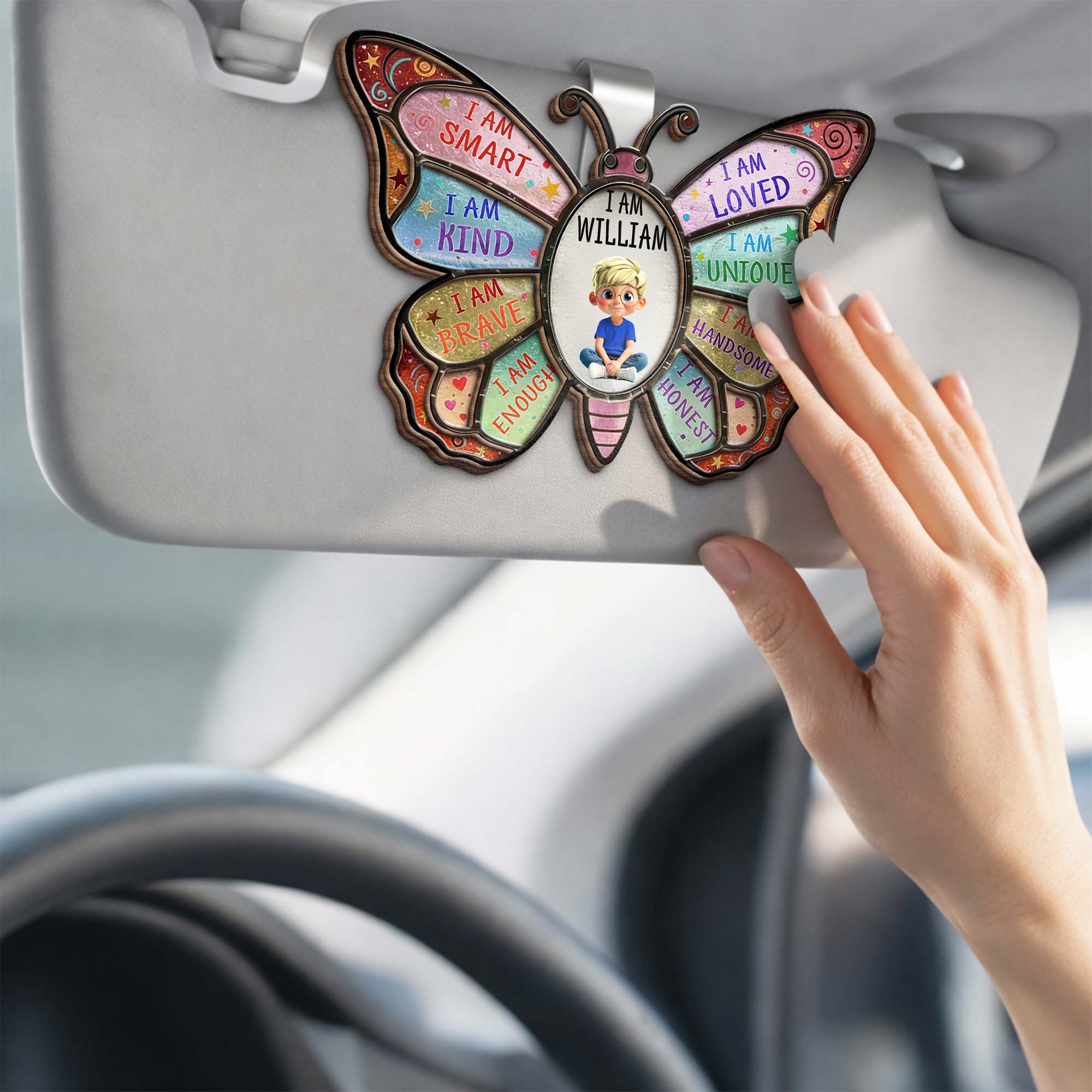 I Am Smart Kind Brave Affirmation Butterfly With Custom Boy Photo - Personalized Custom Shaped Car Visor Clip - KID479_VIS - Image 3
