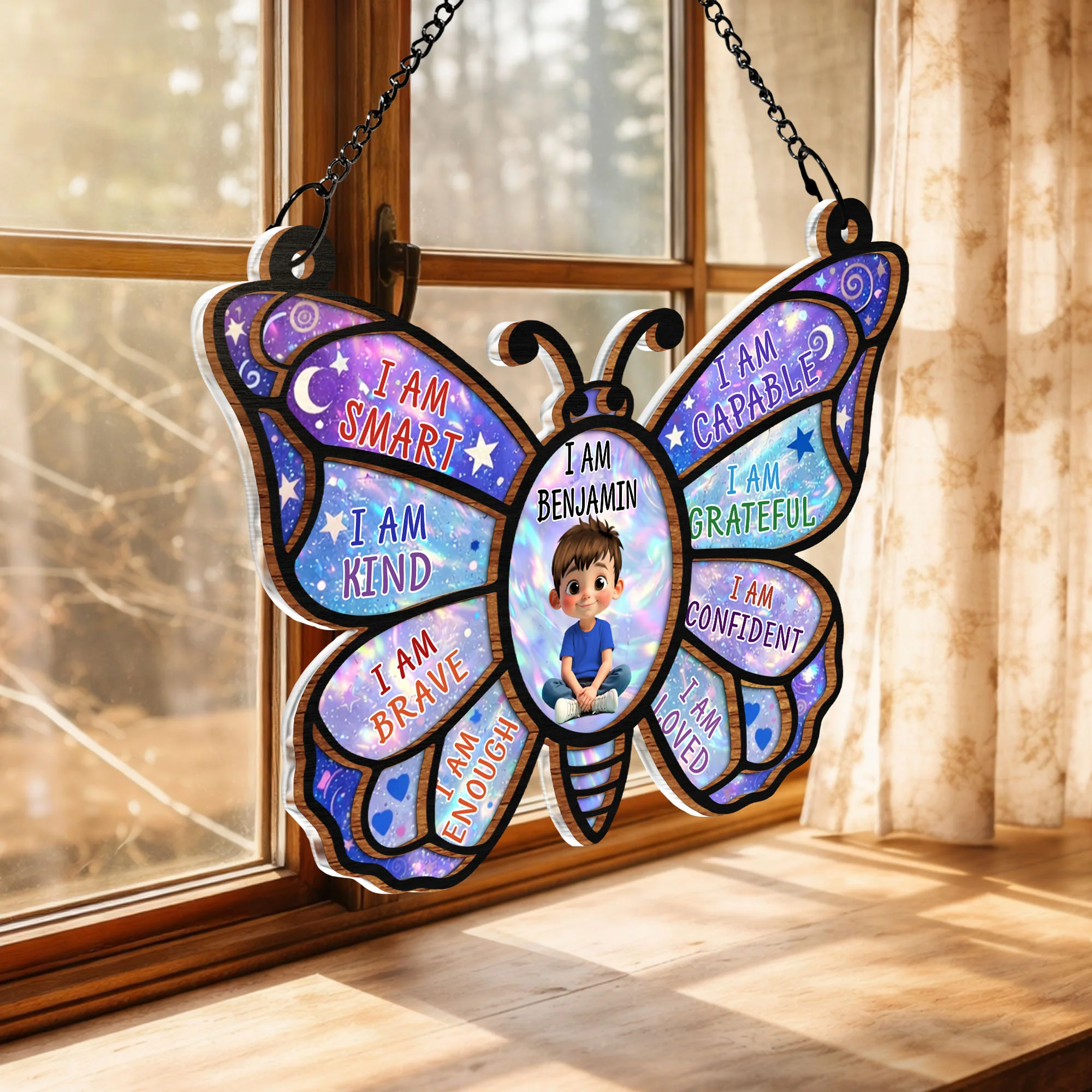 I Am Smart Kind Brave Affirmation Butterfly With Little Girl Design - Personalized Custom Suncatcher - KID579_CSUN - Image 7