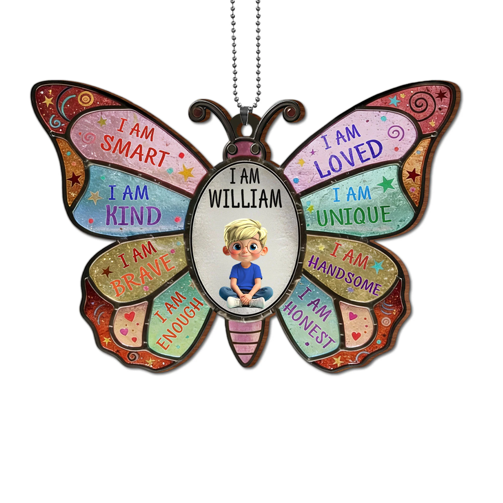 I Am Smart Kind Brave Affirmation Butterfly With Personalized Girl - Personalized Custom Wood Ornament, Car Hanging Ornament - KID479_WCA - Image 12
