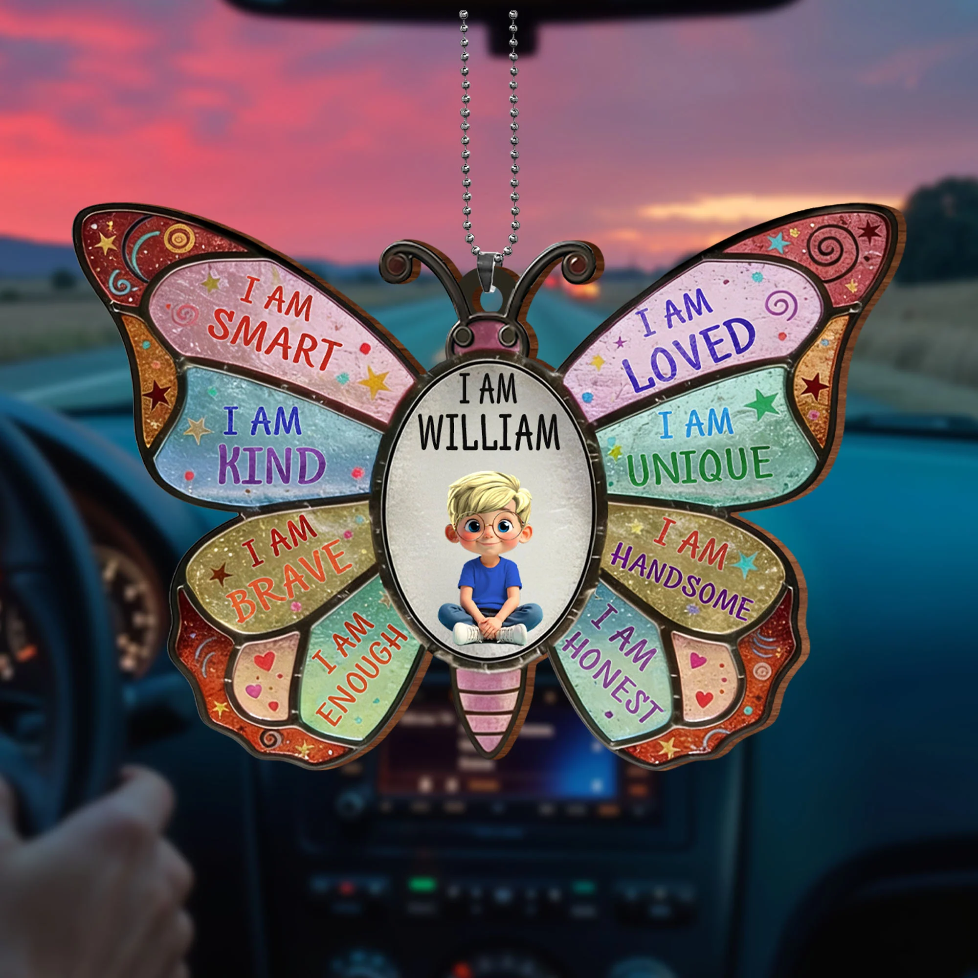I Am Smart Kind Brave Affirmation Butterfly With Personalized Girl - Personalized Custom Wood Ornament, Car Hanging Ornament - KID479_WCA - Image 3