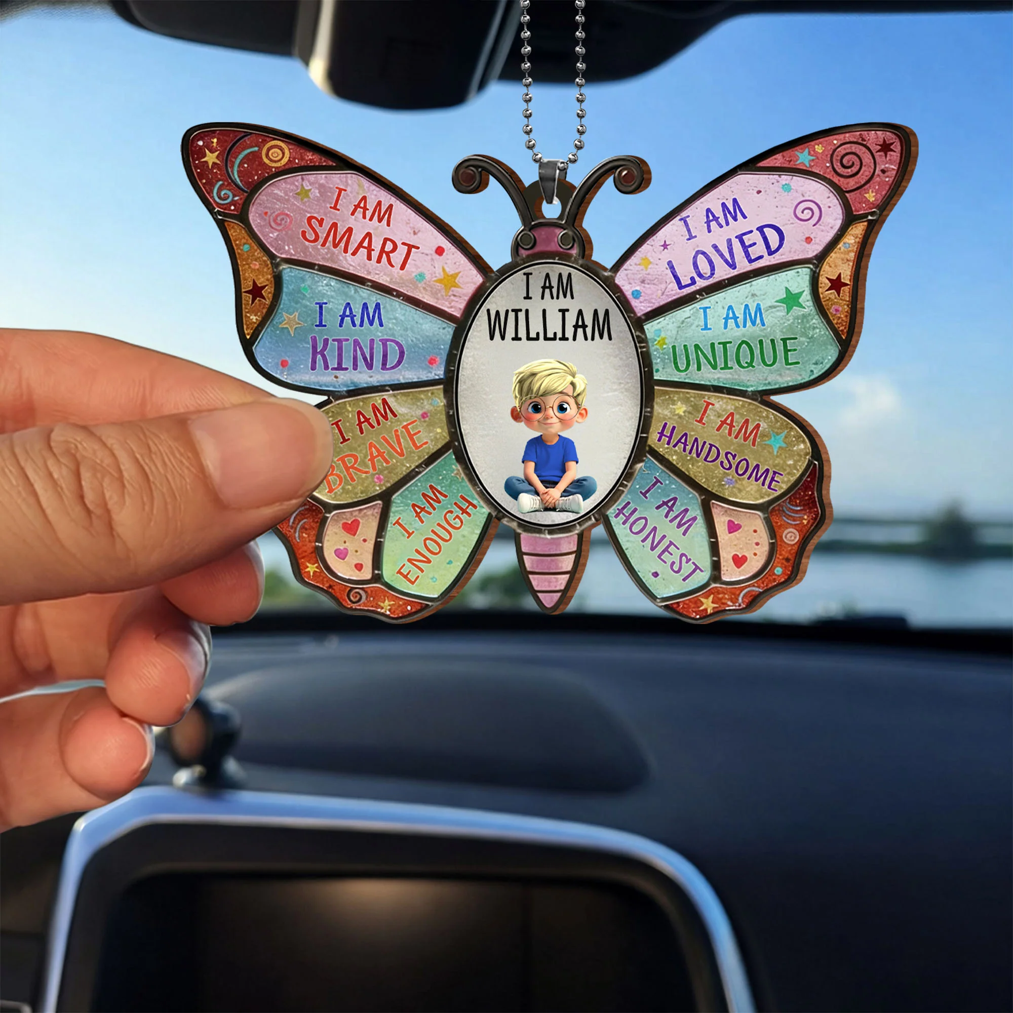 I Am Smart Kind Brave Affirmation Butterfly With Personalized Girl - Personalized Custom Wood Ornament, Car Hanging Ornament - KID479_WCA - Image 4