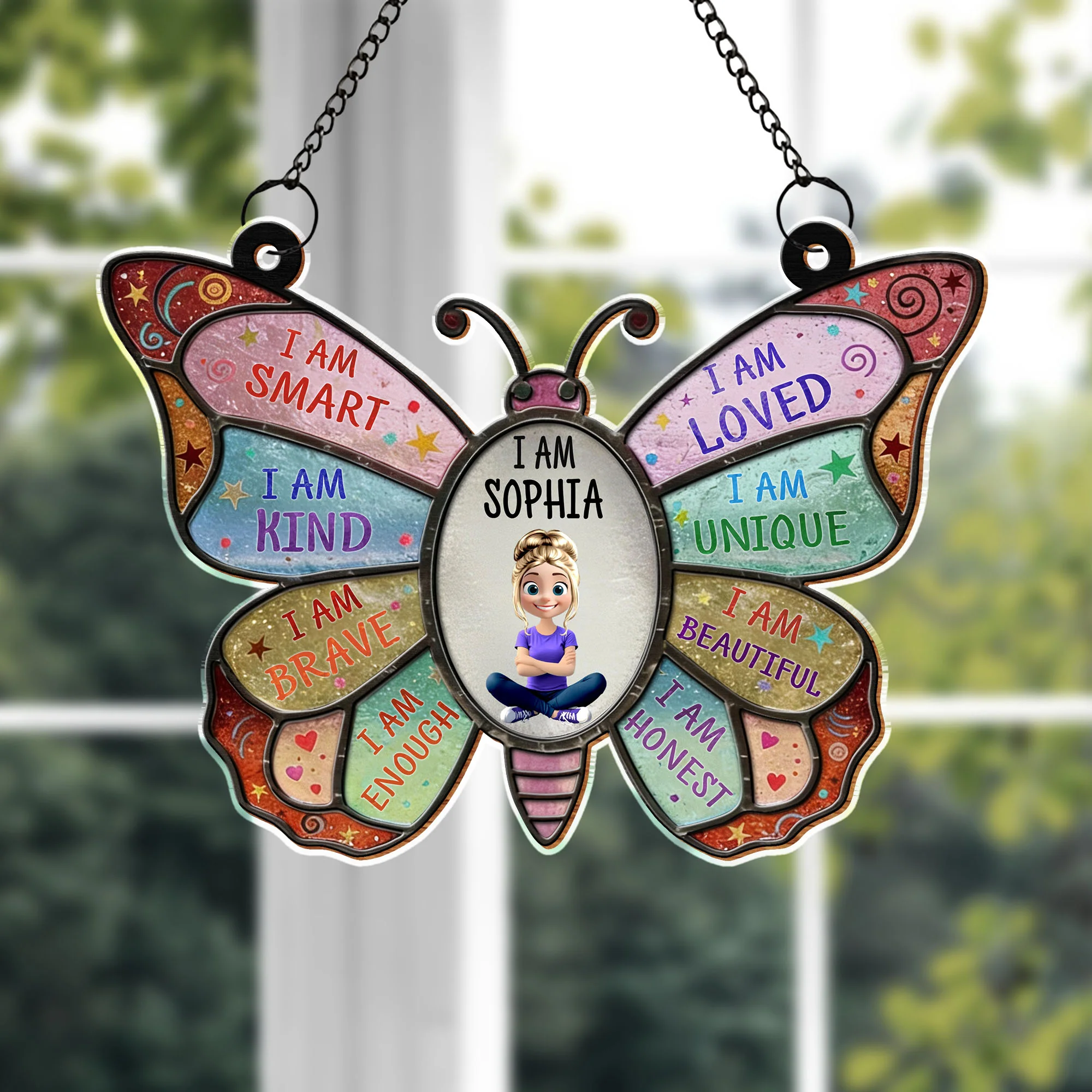 I Am Smart Kind Brave Affirmation Colorful Butterfly With Girl - Personalized Custom Suncatcher - HER009_CSUN