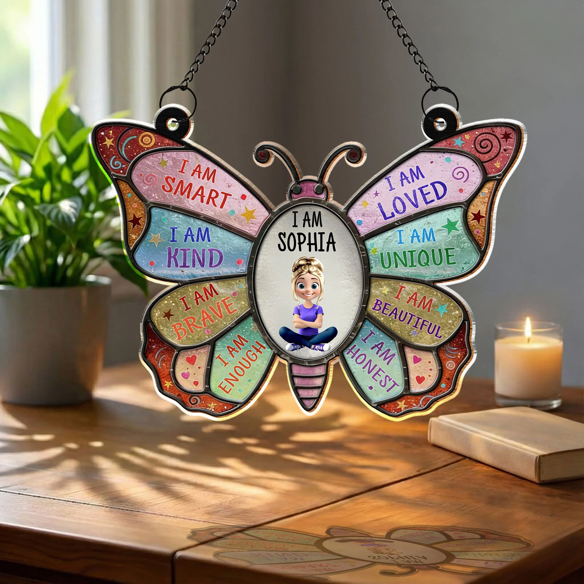 I Am Smart Kind Brave Affirmation Colorful Butterfly With Girl - Personalized Custom Suncatcher - HER009_CSUN - Image 2