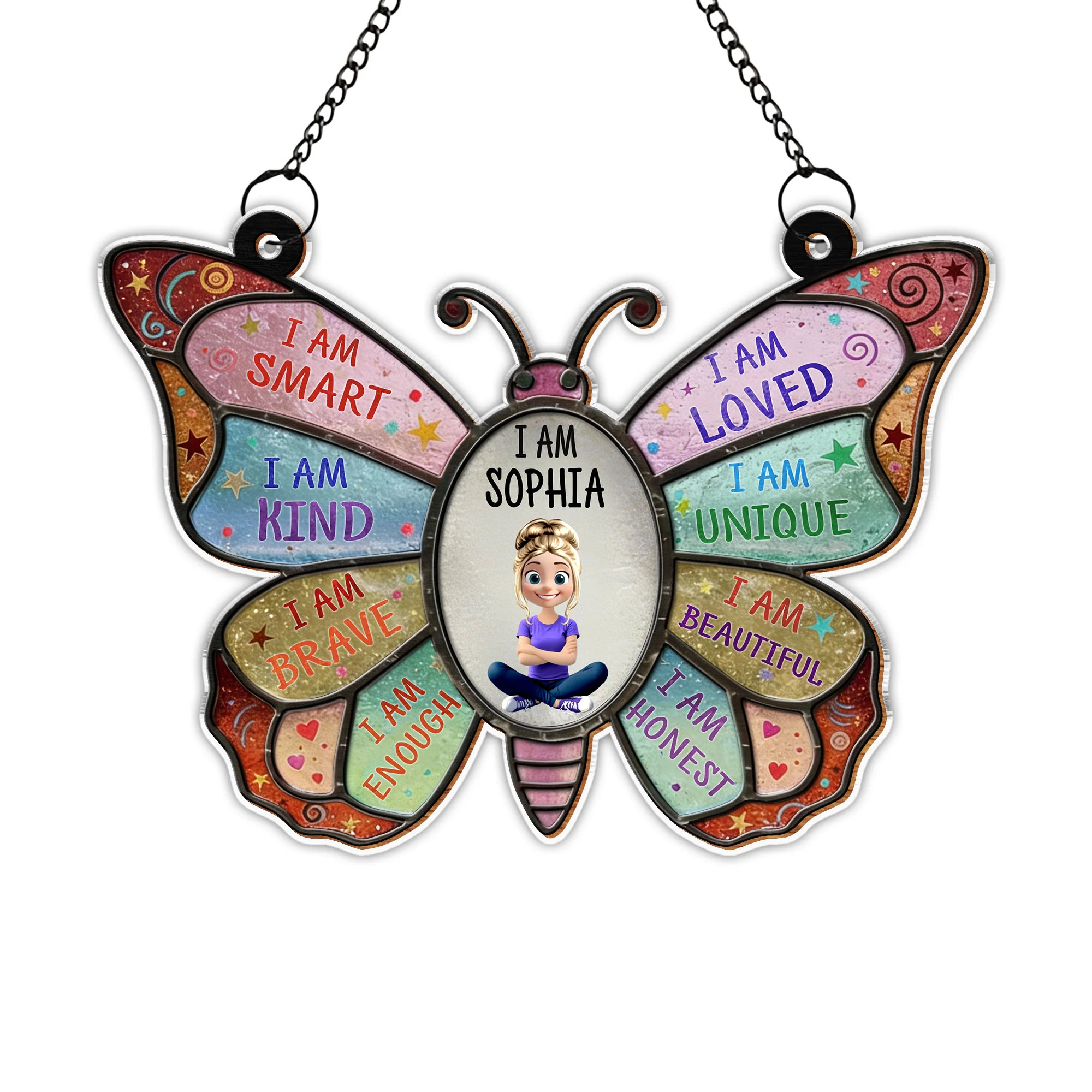 I Am Smart Kind Brave Affirmation Colorful Butterfly With Girl - Personalized Custom Suncatcher - HER009_CSUN - Image 9