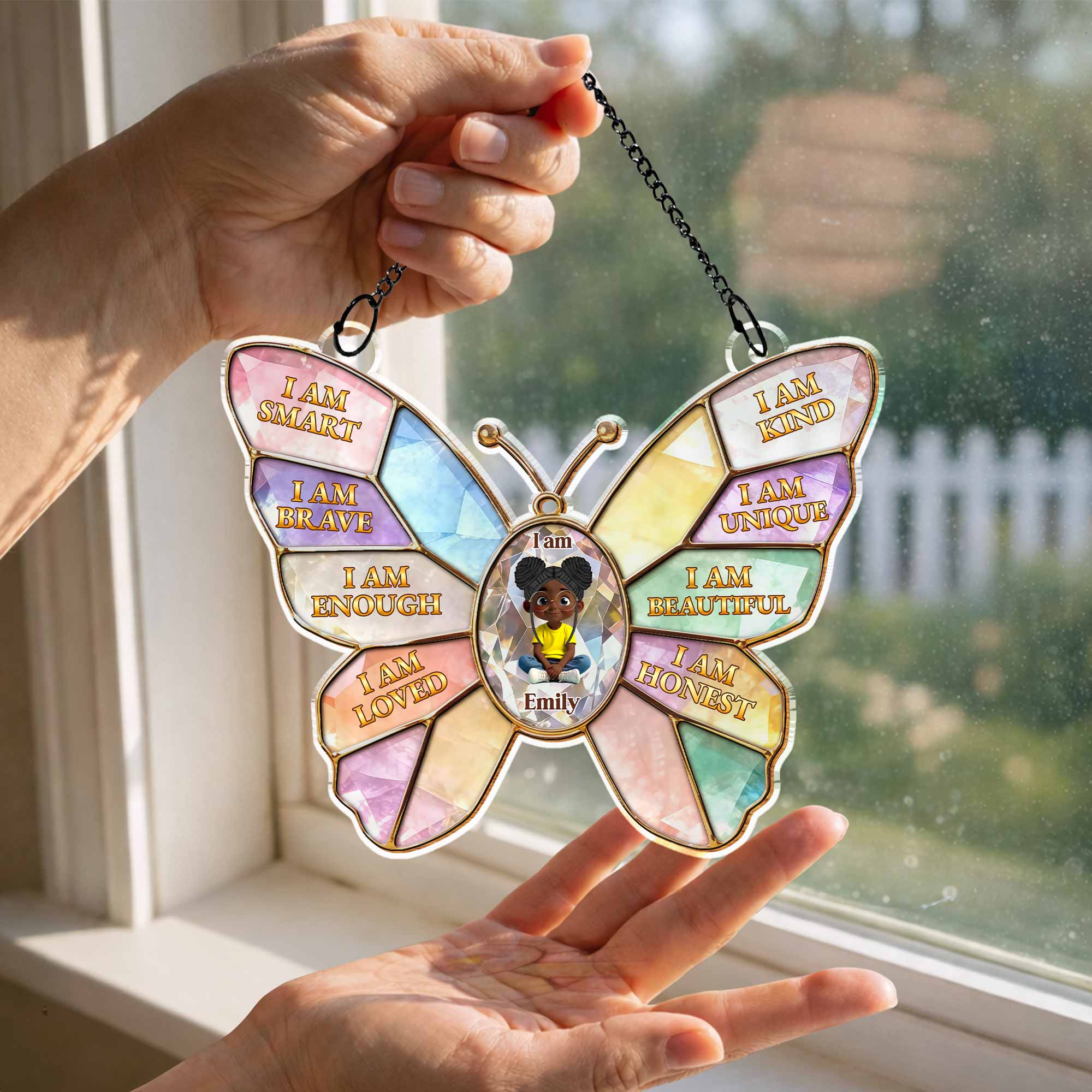 I Am Smart Kind Brave Affirmations Colorful Butterfly Girl - Personalized Custom Suncatcher - KID576_CSUN - Image 3