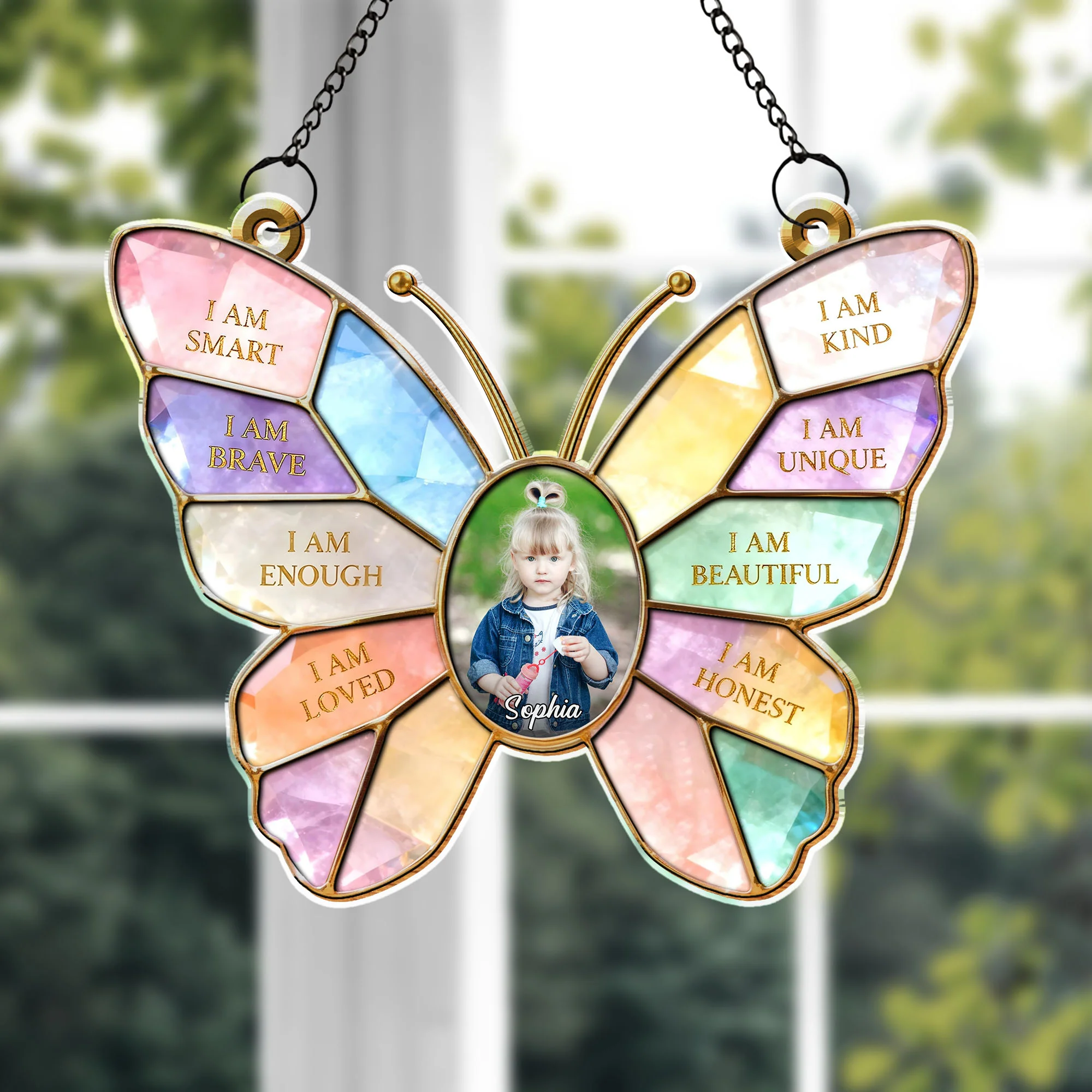 I Am Smart Kind Brave Butterfly Affirmations With Photo Custom Design - Personalized Custom Suncatcher - KID574_CSUN
