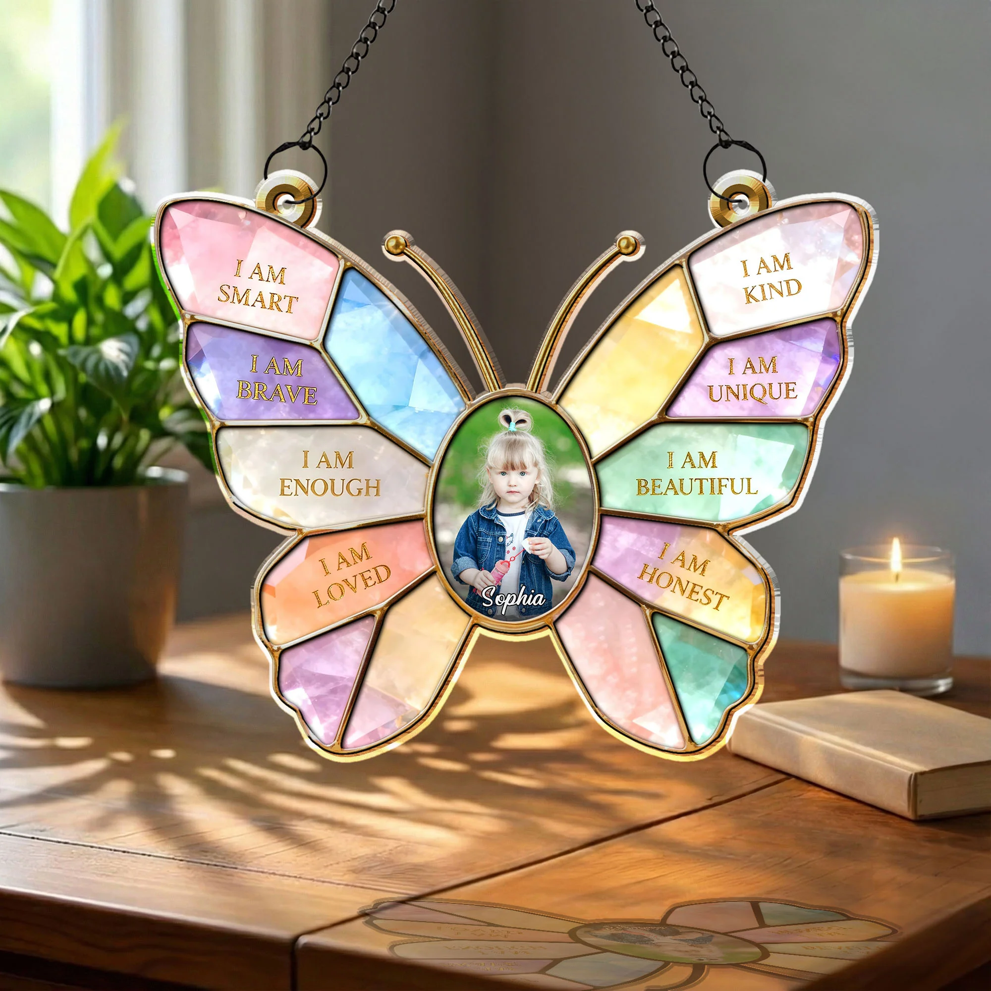 I Am Smart Kind Brave Butterfly Affirmations With Photo Custom Design - Personalized Custom Suncatcher - KID574_CSUN - Image 2