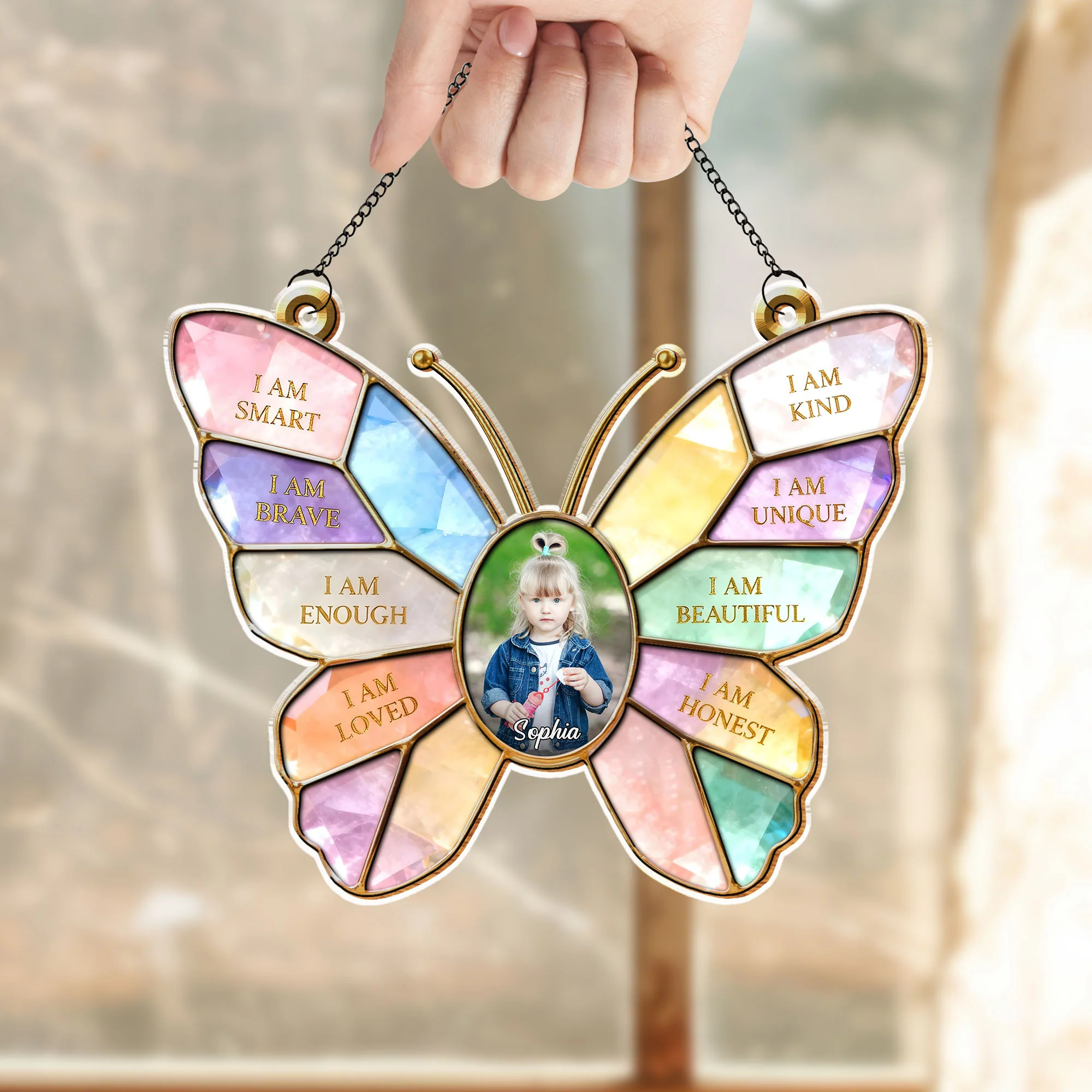 I Am Smart Kind Brave Butterfly Affirmations With Photo Custom Design - Personalized Custom Suncatcher - KID574_CSUN - Image 3