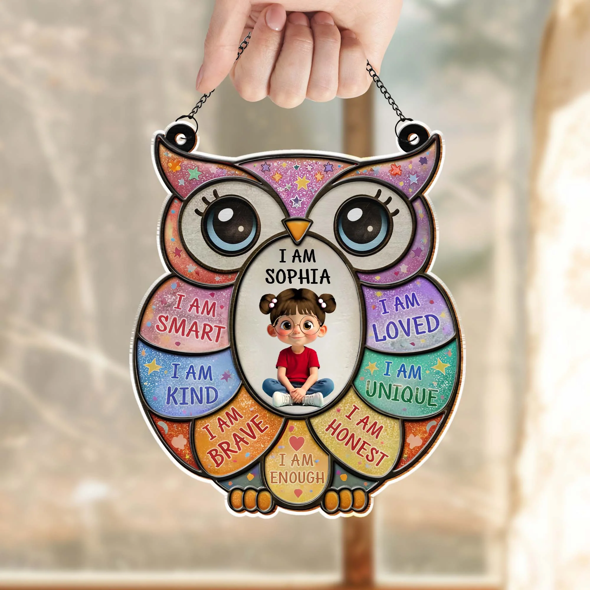I Am Smart Loved Kind Affirmations Personalized Owl With Little Girl - Personalized Custom Suncatcher - KID603_CSUN - Image 6