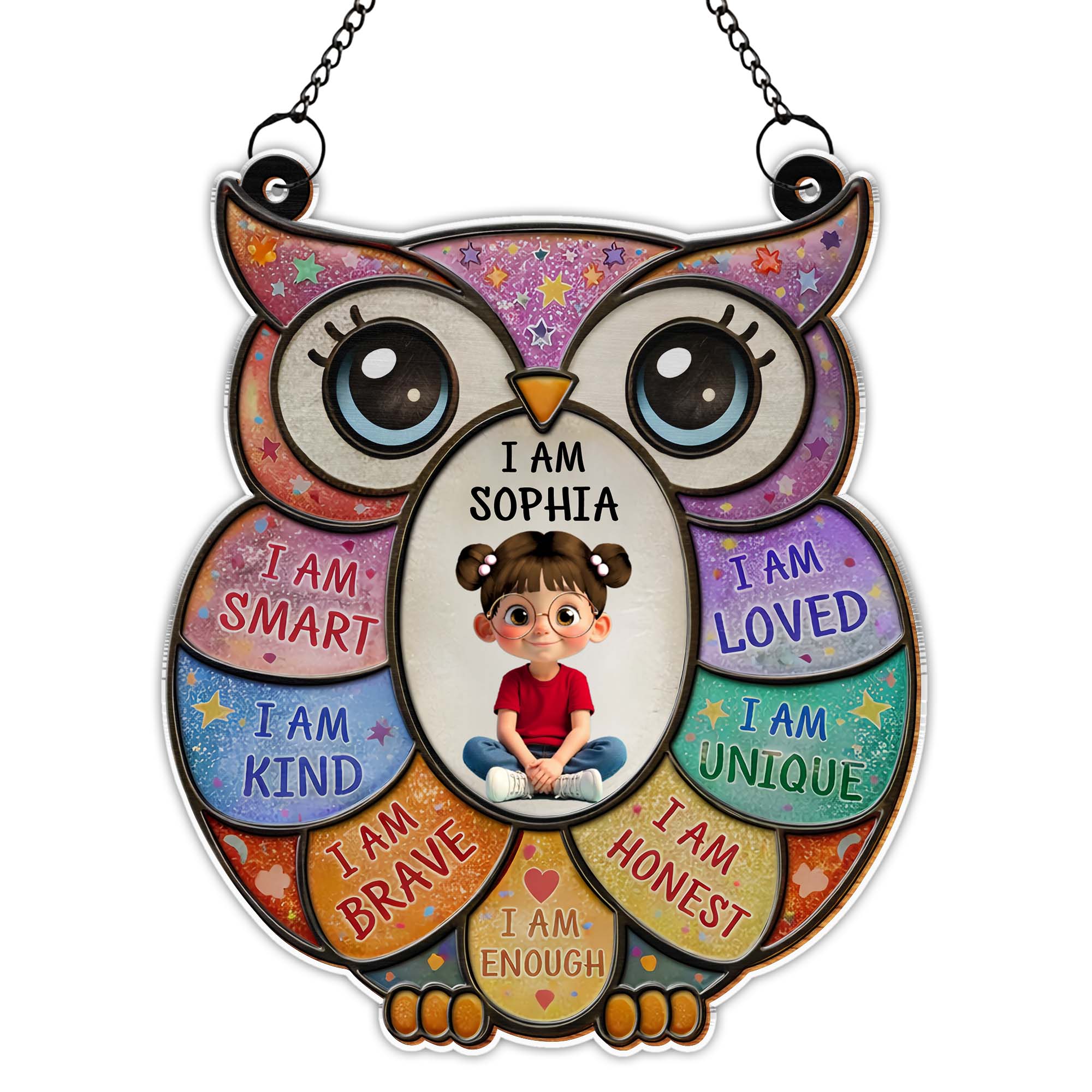 I Am Smart Loved Kind Affirmations Personalized Owl With Little Girl - Personalized Custom Suncatcher - KID603_CSUN - Image 9