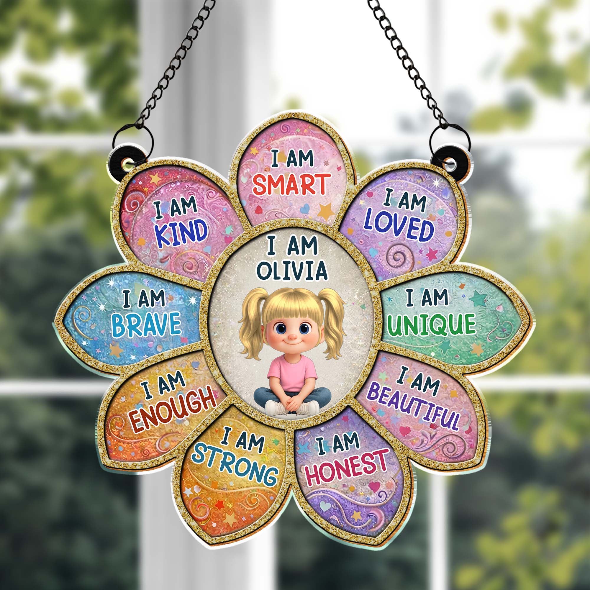 I Am Smart Loved Unique Affirmation Flower With Little Girl Design - Personalized Custom Suncatcher - KID581_CSUN
