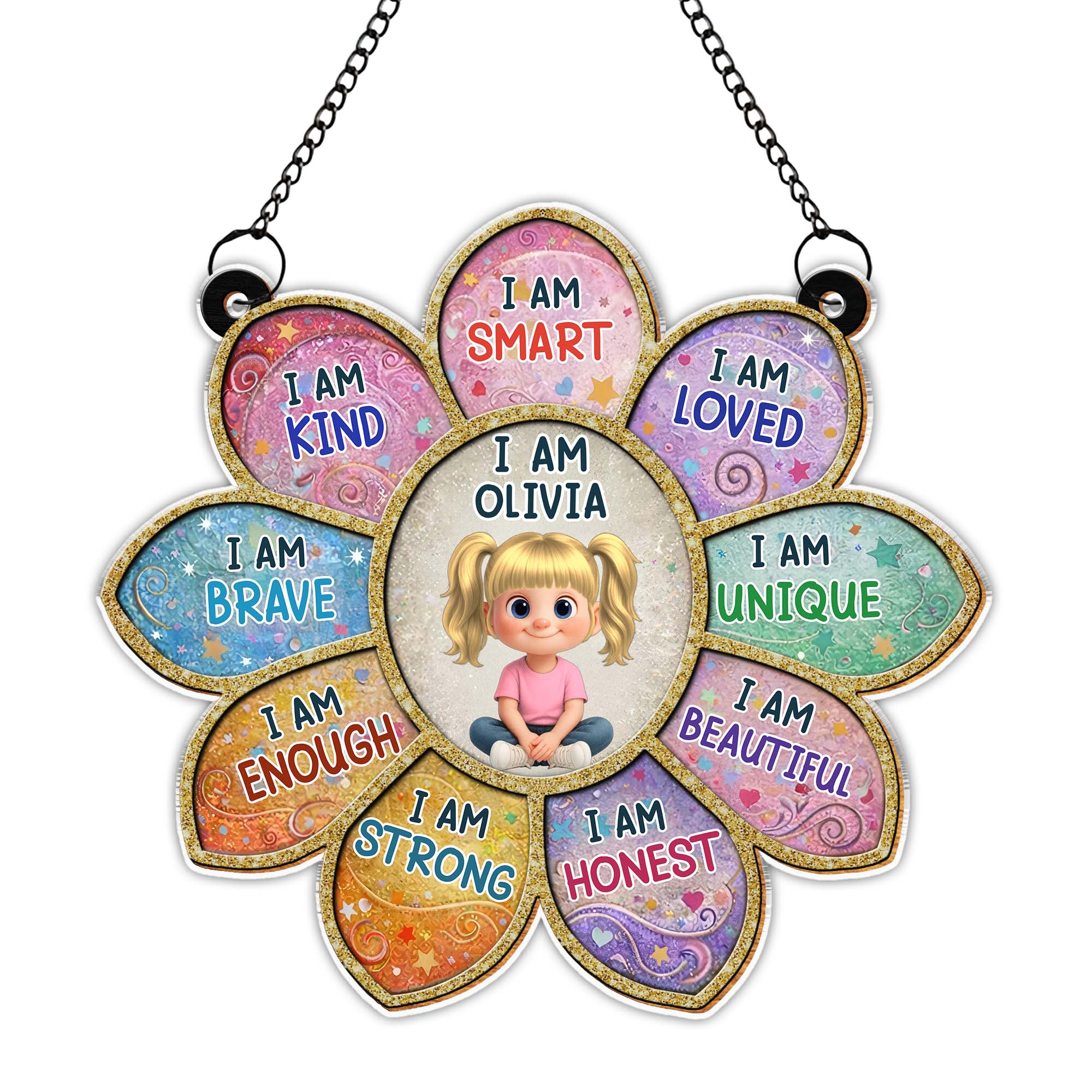 I Am Smart Loved Unique Affirmation Flower With Little Girl Design - Personalized Custom Suncatcher - KID581_CSUN - Image 8