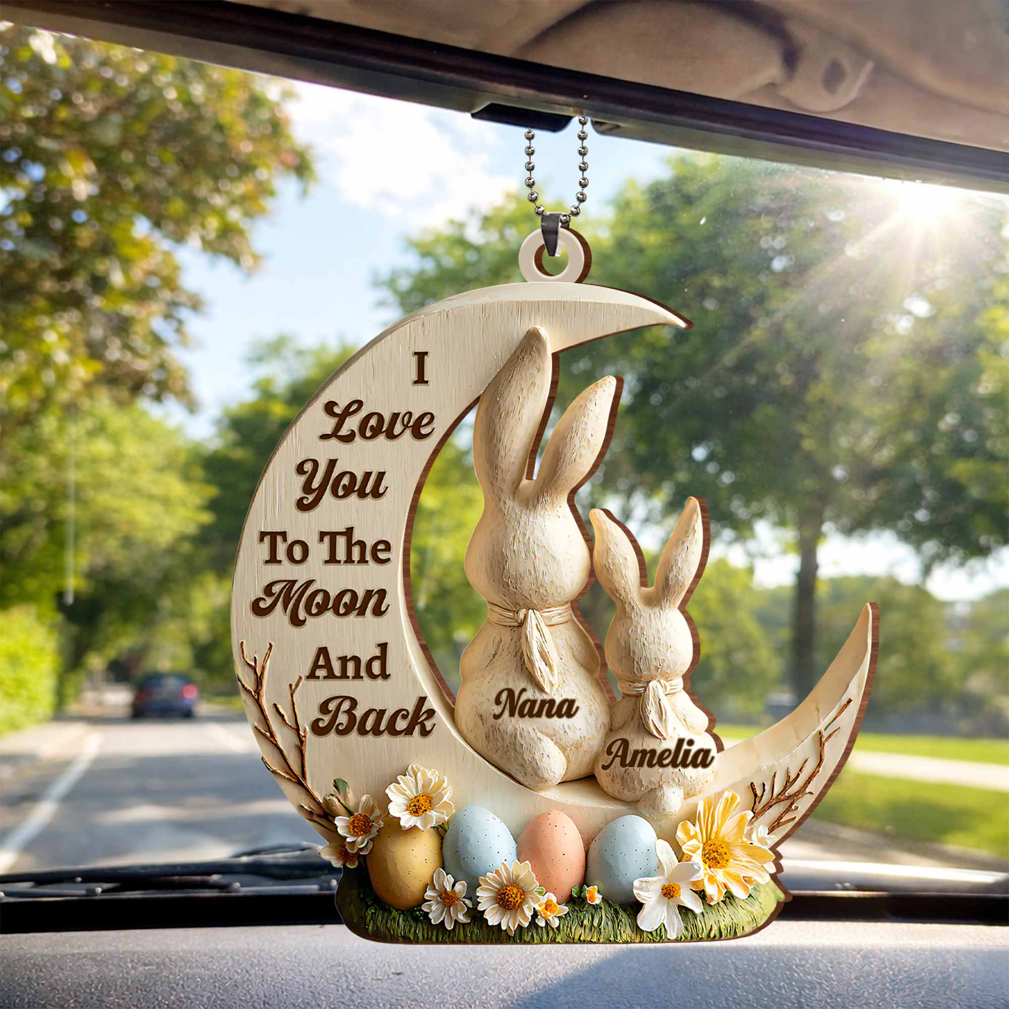 I Love You To The Moon And Back Bunny And Easter Egg Ornament - Personalized Custom Wood Ornament, Car Hanging Ornament - GDT629_WCA