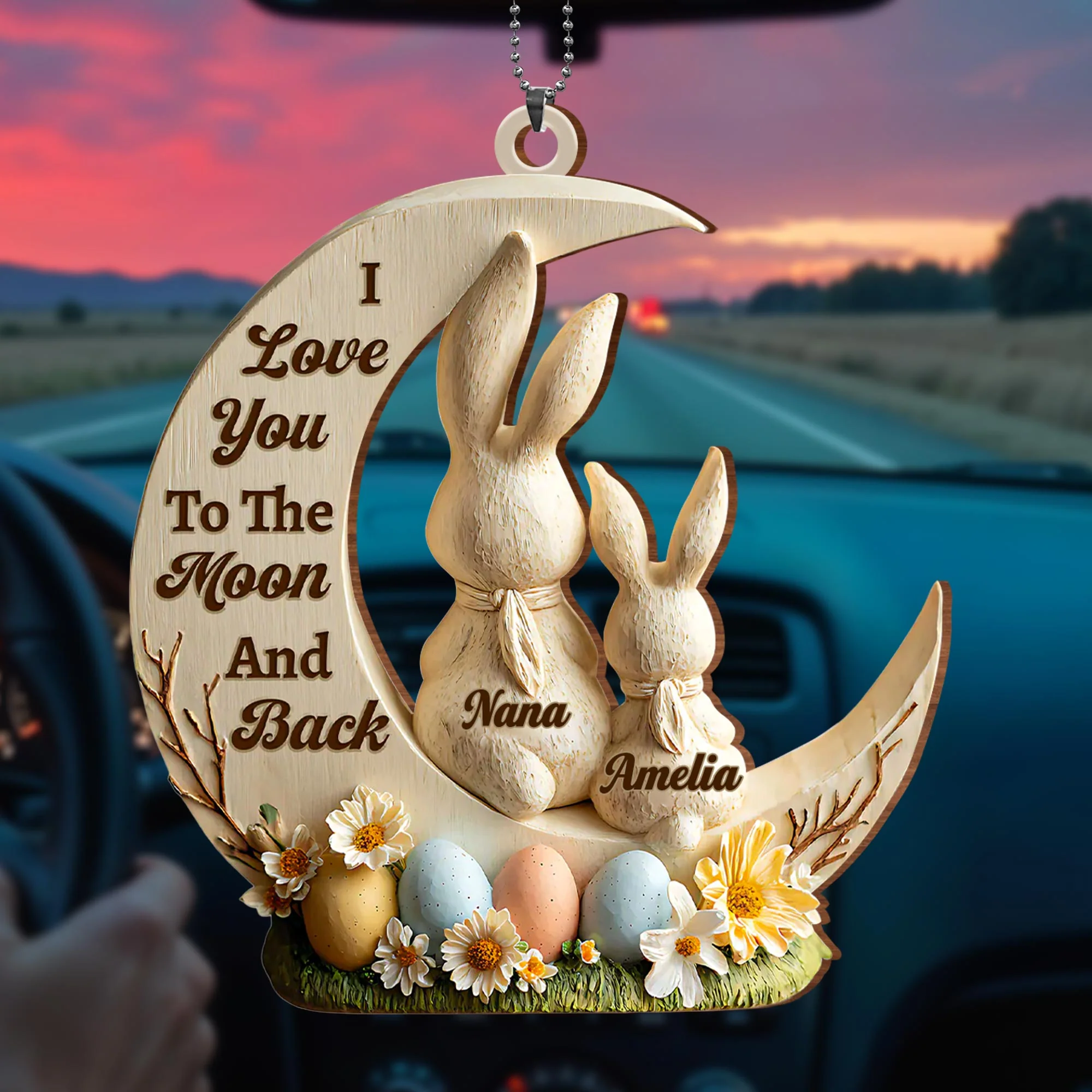 I Love You To The Moon And Back Bunny And Easter Egg Ornament - Personalized Custom Wood Ornament, Car Hanging Ornament - GDT629_WCA - Image 2