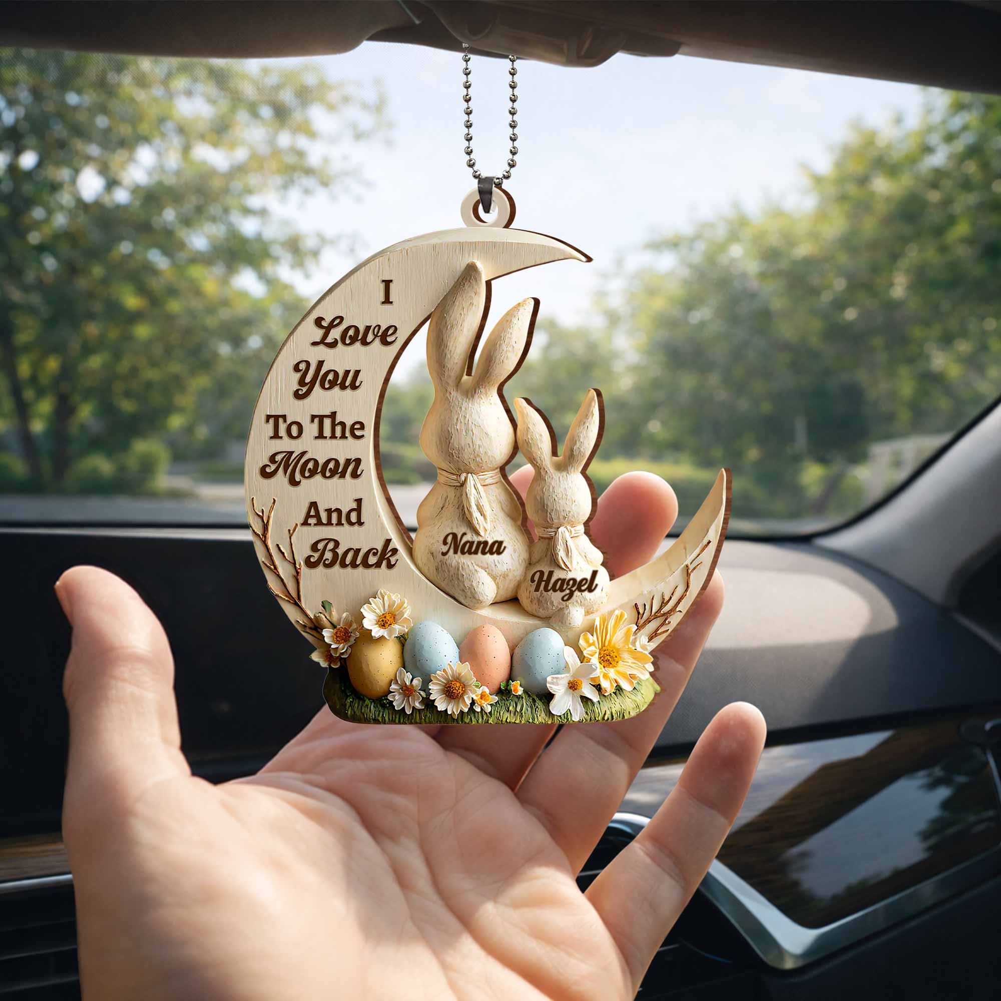 I Love You To The Moon And Back Bunny And Easter Egg Ornament - Personalized Custom Wood Ornament, Car Hanging Ornament - GDT629_WCA - Image 7