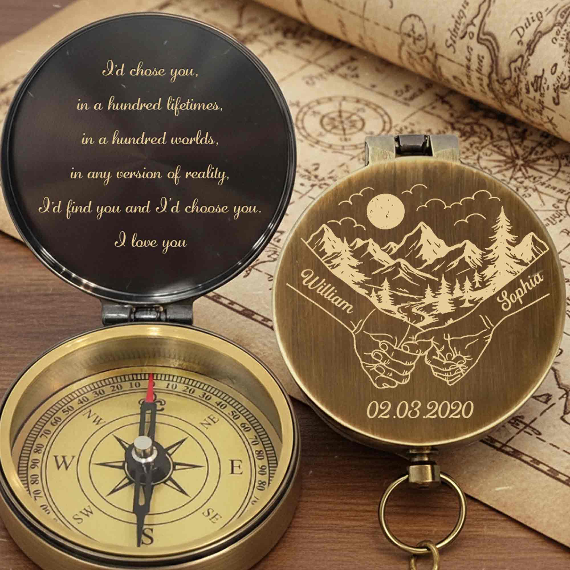 I'd Chose You In A Hundred Lifetimes Pinky Promise Mountains - Personalized Engraved Brass Compass - CPL838_ECPASS