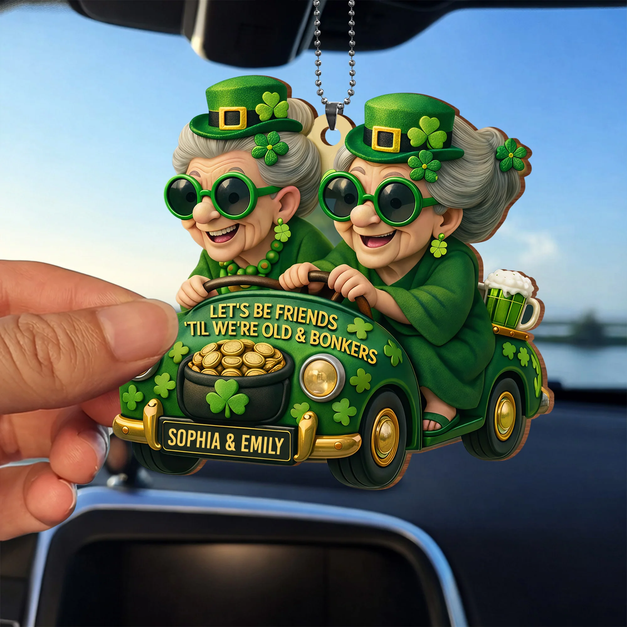 Let's Be Friends 'Til We're Old And Bonkers With Two Besties In Car Shamrocks - Personalized Custom Wood Ornament, Car Hanging Ornament - BST540_WCA - Image 3
