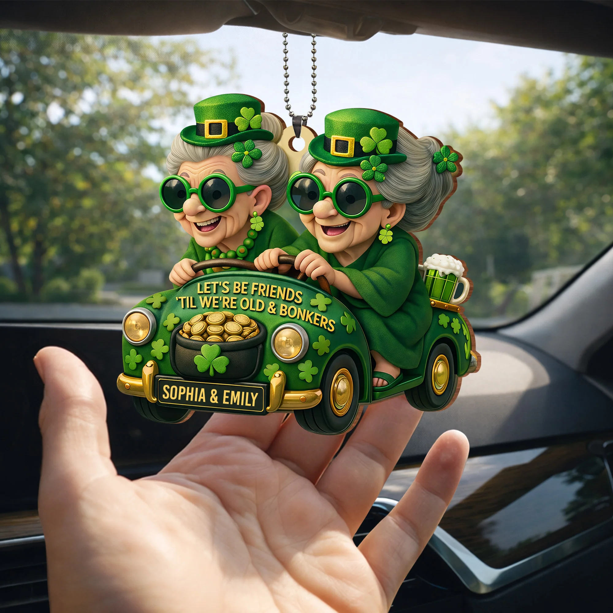 Let's Be Friends 'Til We're Old And Bonkers With Two Besties In Car Shamrocks - Personalized Custom Wood Ornament, Car Hanging Ornament - BST540_WCA - Image 7