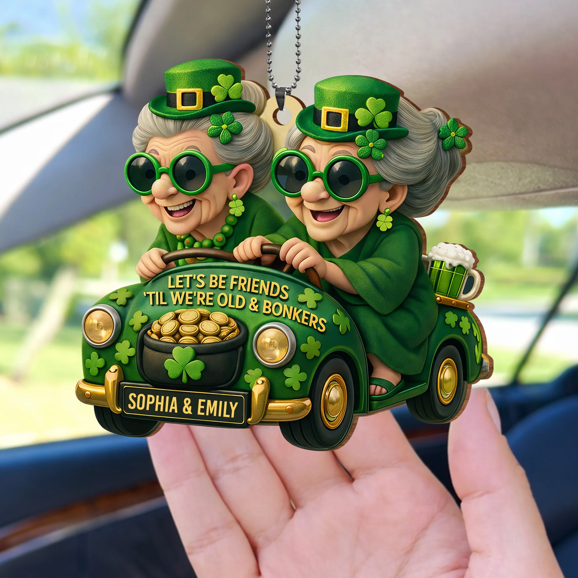 Let's Be Friends 'Til We're Old And Bonkers With Two Besties In Car Shamrocks - Personalized Custom Wood Ornament, Car Hanging Ornament - BST540_WCA - Image 9