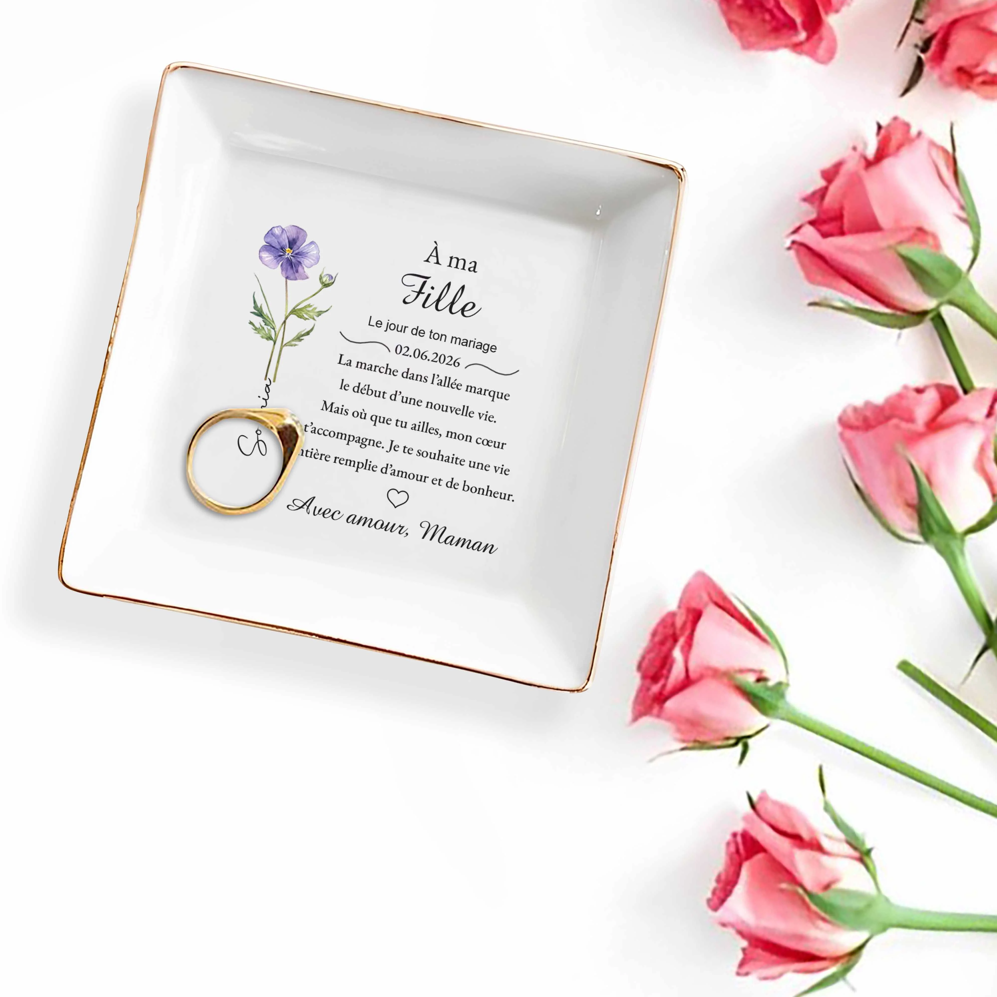 À Ma Fille Le Jour De Ton Mariage Birth Month Flower - Personalized Custom Jewelry Dish, Square Ceramic Dish - DAU359_SCRD - Image 3