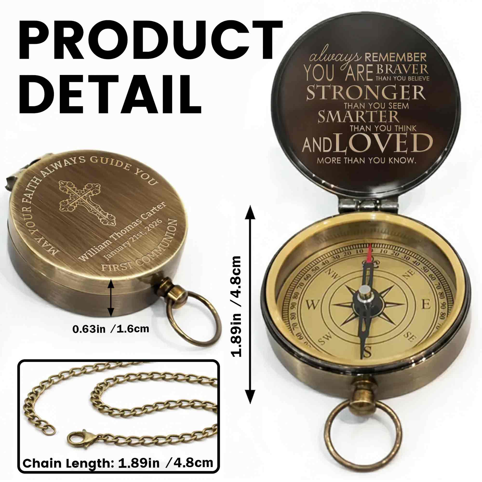 May Your Faith Always Guide You First Communion Cross Design - Personalized Engraved Brass Compass - KID402_ECPASS - Image 4