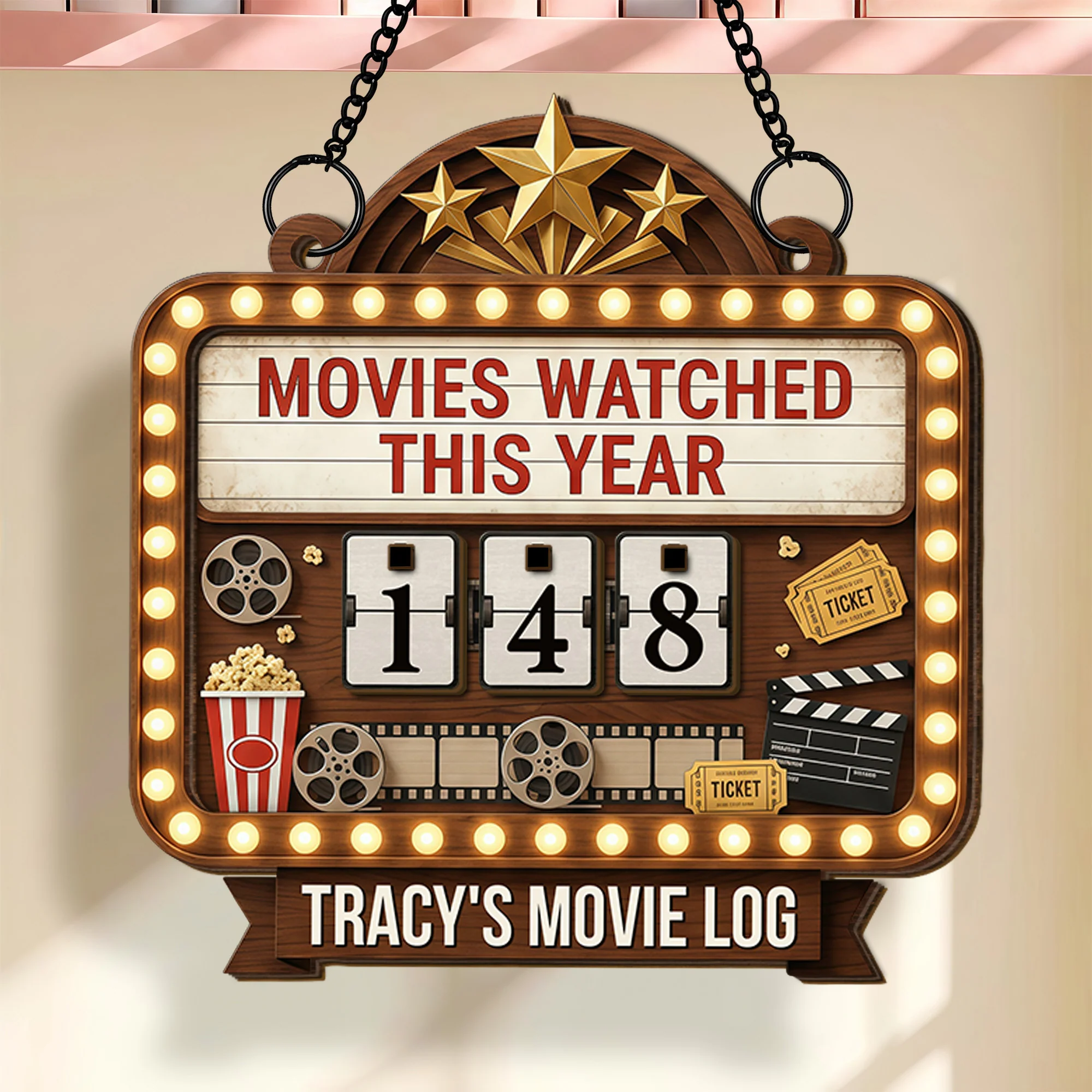 Movies Watched This Year Movie Log Theater Marquee With Popcorn And Film Reel - Personalized Custom Tracker Sign - HOB144_TRASIG