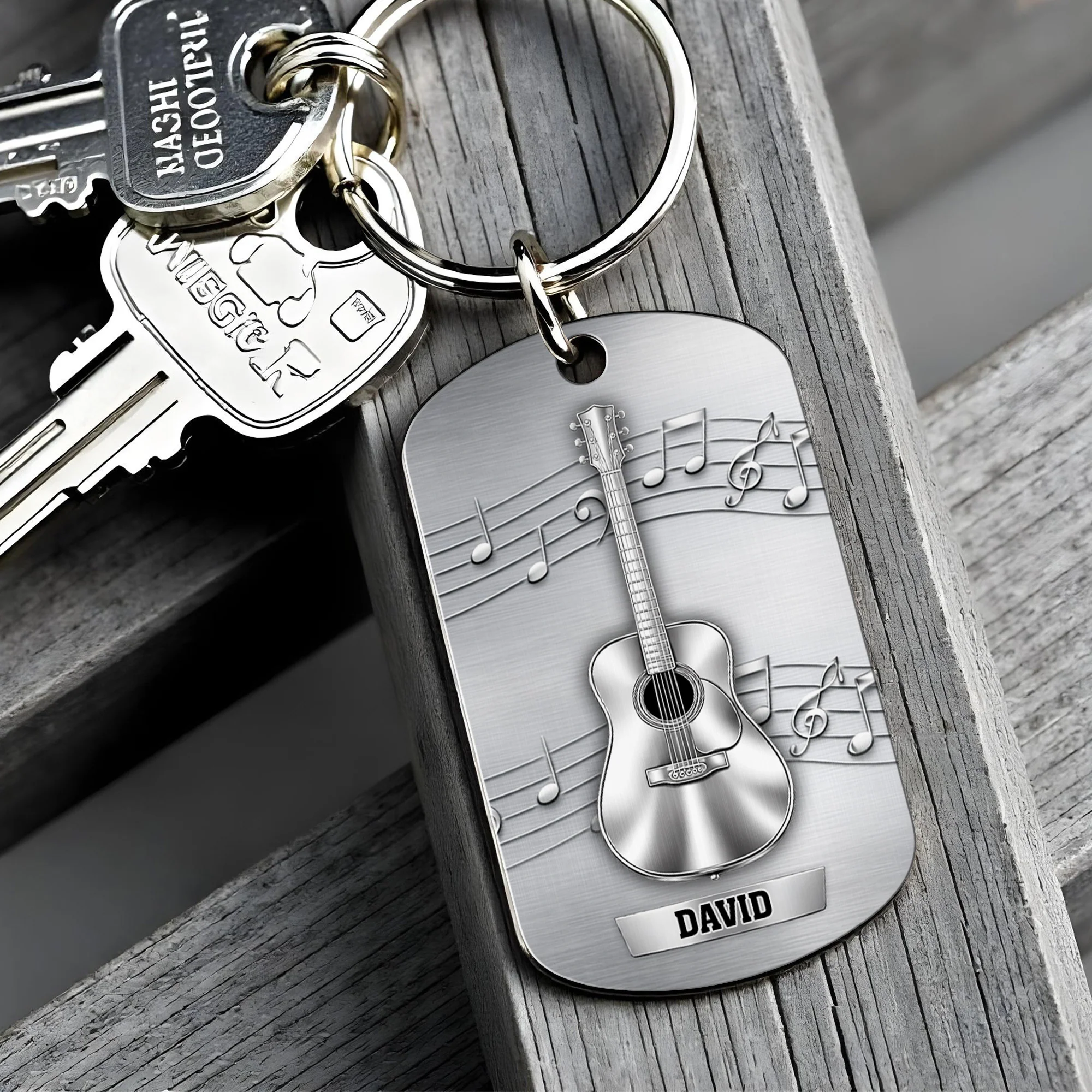 Music Is The Sound Of The Soul Acoustic Guitar And Notes - Personalized Stainless Steel Keychain - MUSIC022_KCX